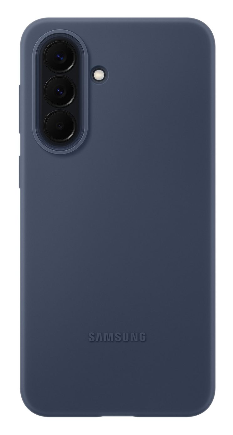 Granatowe etui na telefon z potrójnym aparatem i lampą błyskową.