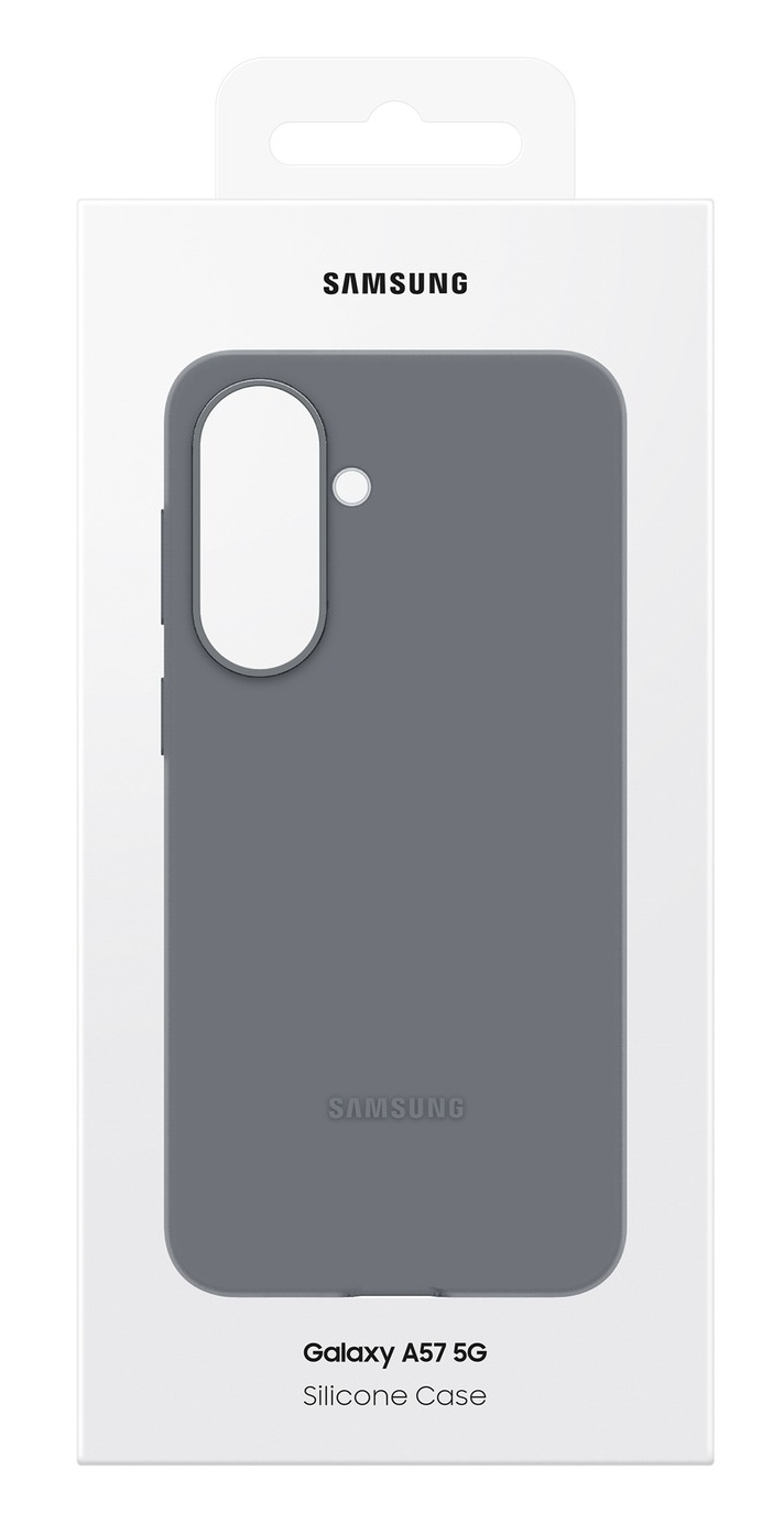 Szare etui silikonowe do Samsung Galaxy A57 5G w opakowaniu.