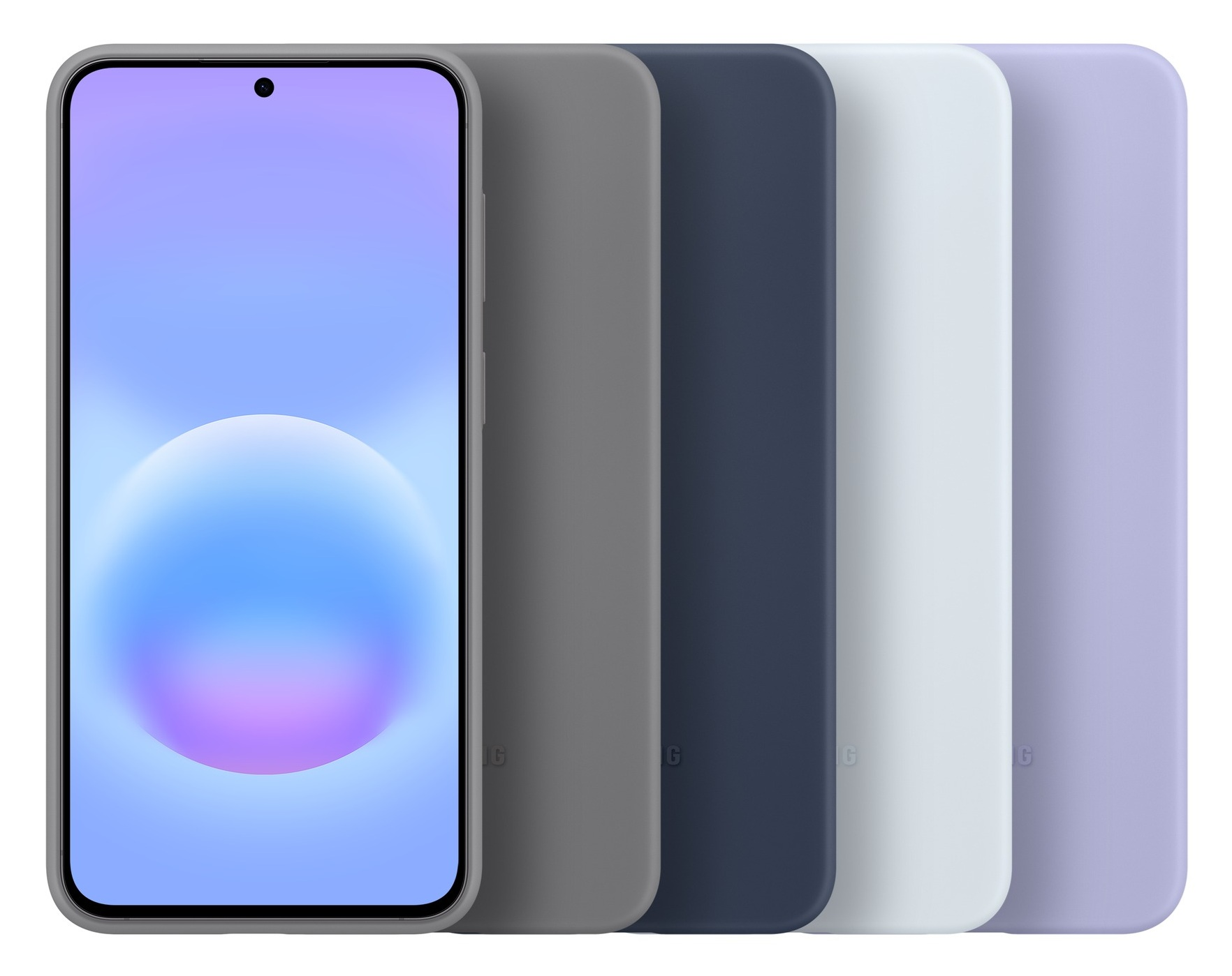 Smartfon z fioletową tapetą obok czterech etui: szarego, granatowego, jasnoszarego i fioletowego.