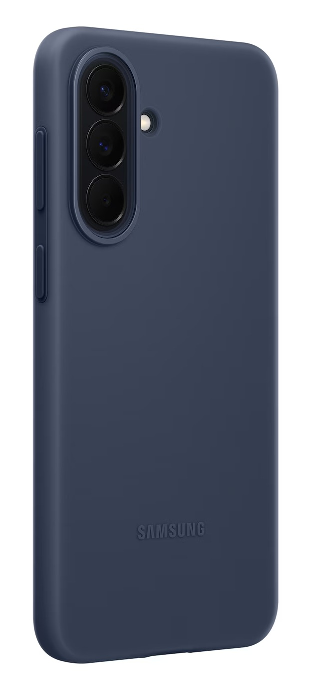 Granatowe etui na telefon z wycięciem na aparat i logo Samsung.