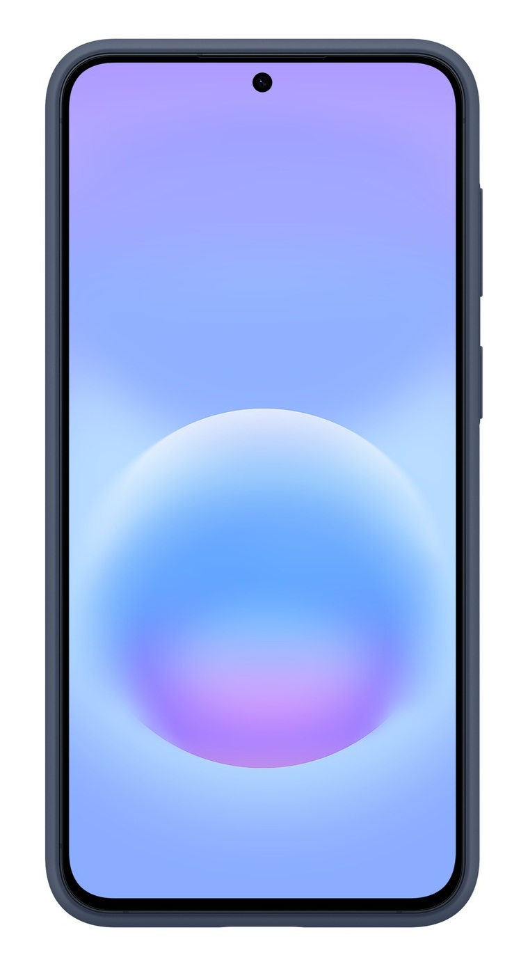 Ciemny smartfon z tapetą w gradientach niebieskiego i fioletowego.