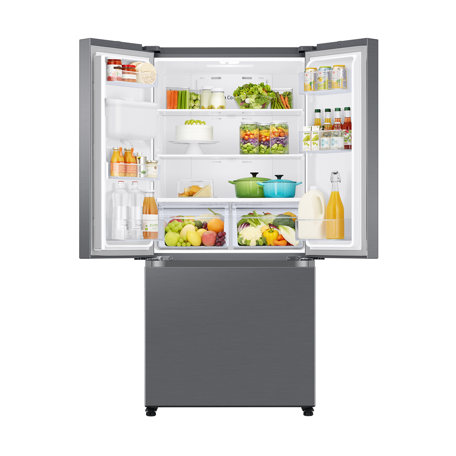 Refrigerador abierto lleno de comida: verduras, frutas, bebidas, pastel y ollas.
