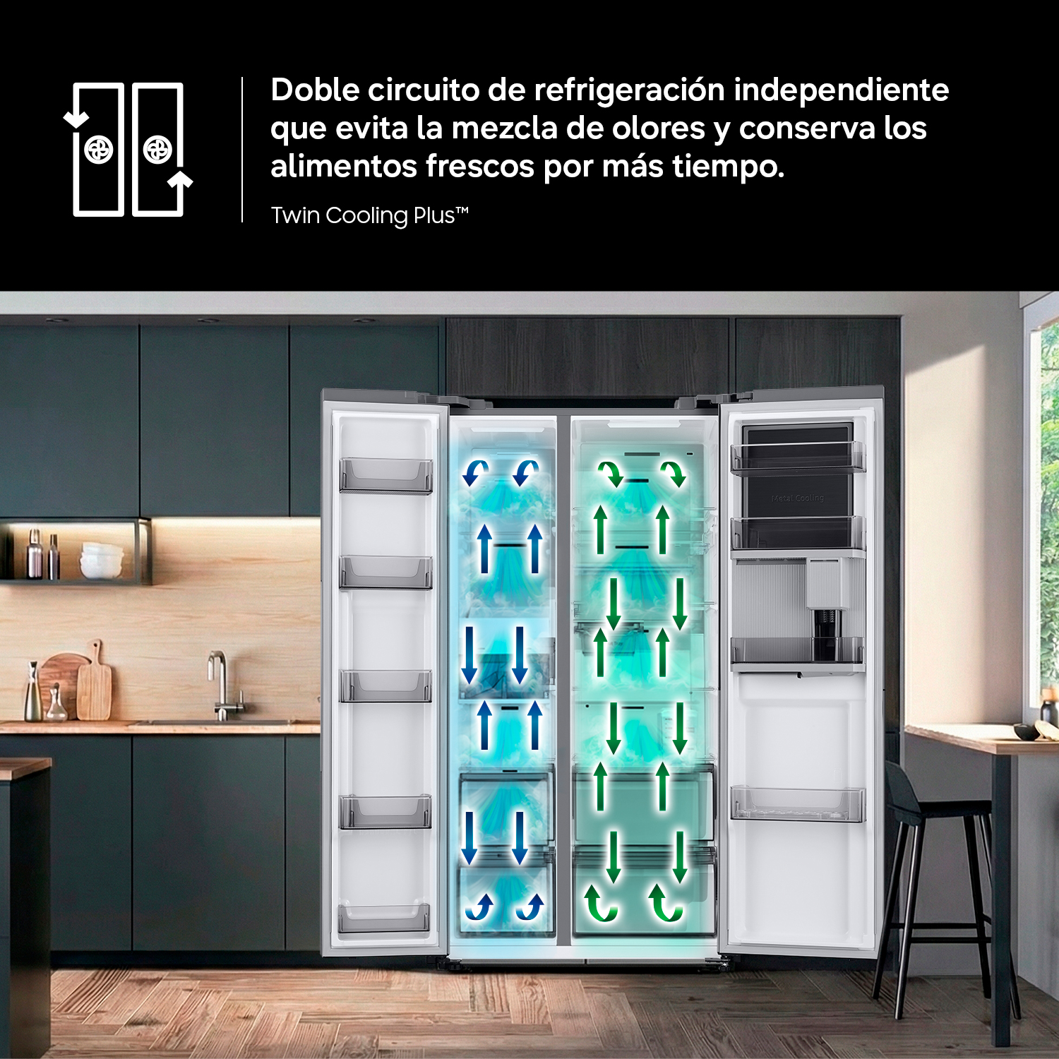 Doble circuito de refrigeración independiente que evita la mezcla de olores y conserva los alimentos frescos por más tiempo. Twin Cooling Plus™