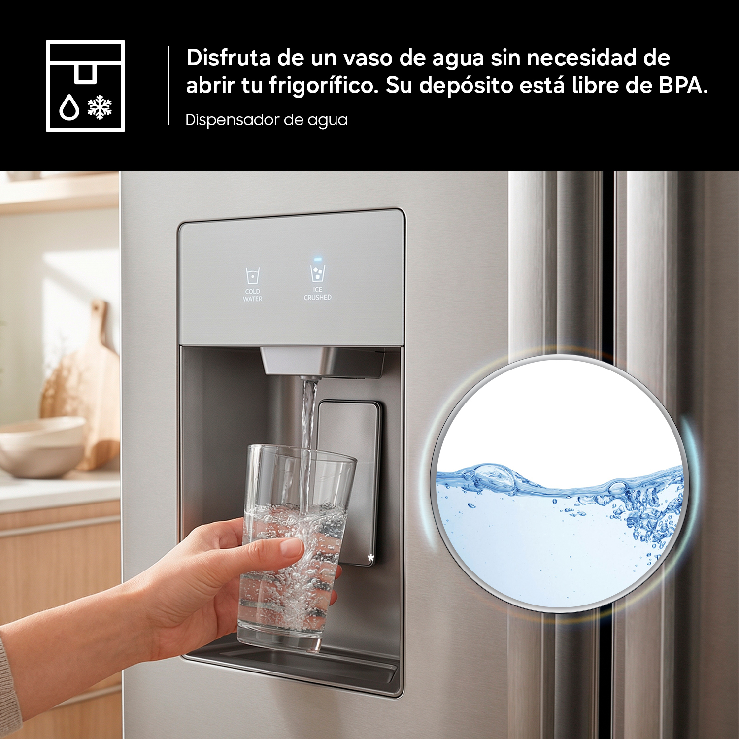 Disfruta de un vaso de agua sin necesidad de abrir tu frigorífico. Su depósito está libre de BPA. Dispensador de agua.