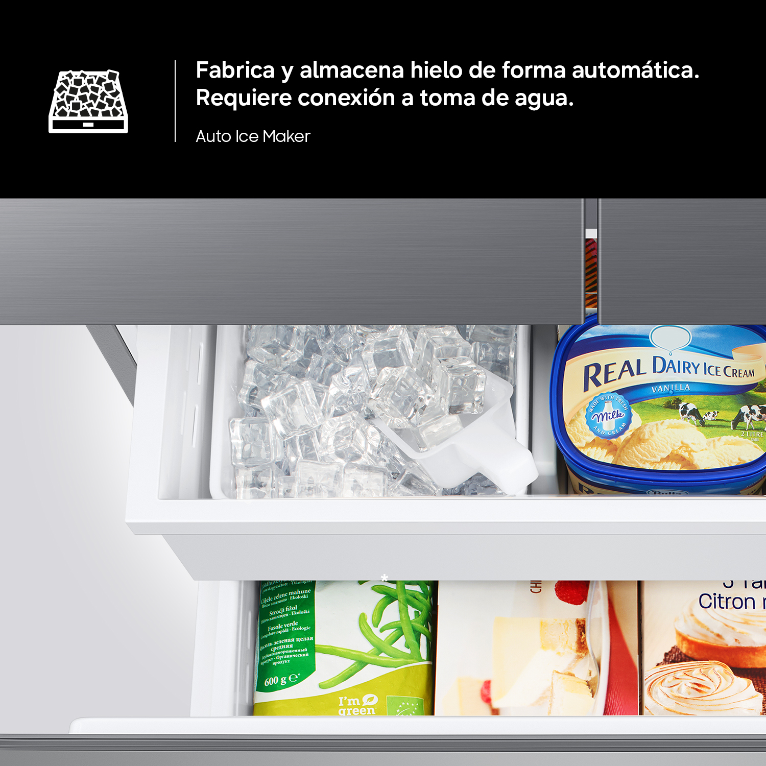 Fabrica y almacena hielo de forma automática. Requiere conexión a toma de agua. Auto Ice Maker