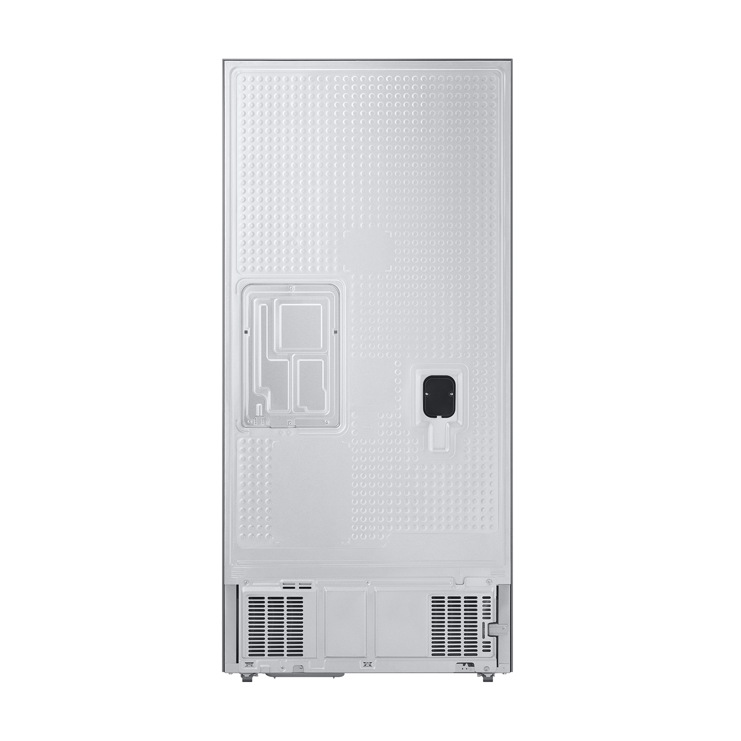 Parte trasera de un refrigerador blanco con rejillas de ventilación y superficie texturizada.