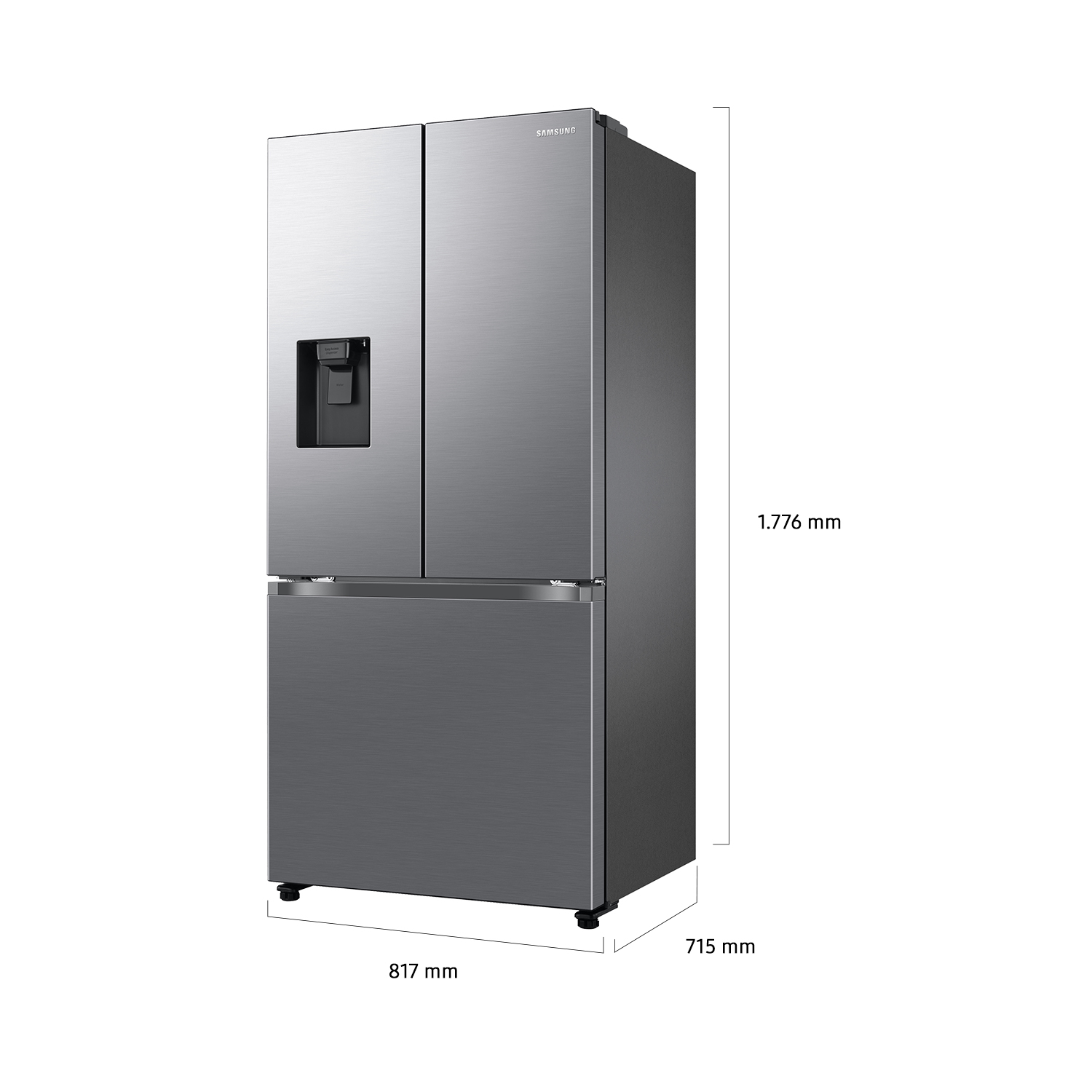 Refrigerador Samsung plateado de tres puertas con dispensador de agua.