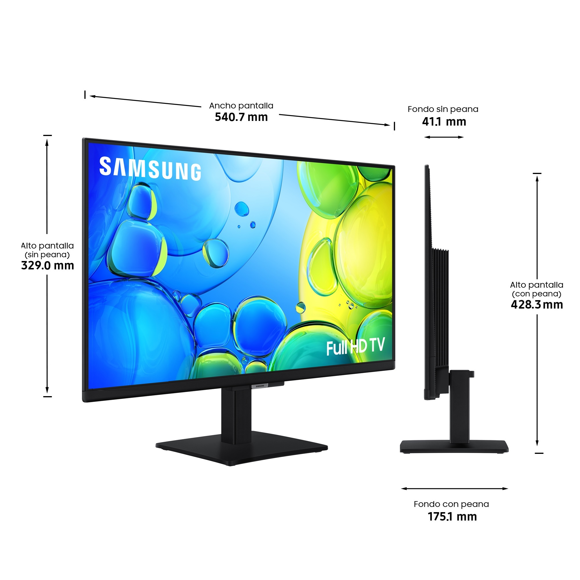 Un monitor Samsung Full HD con medidas y soporte.