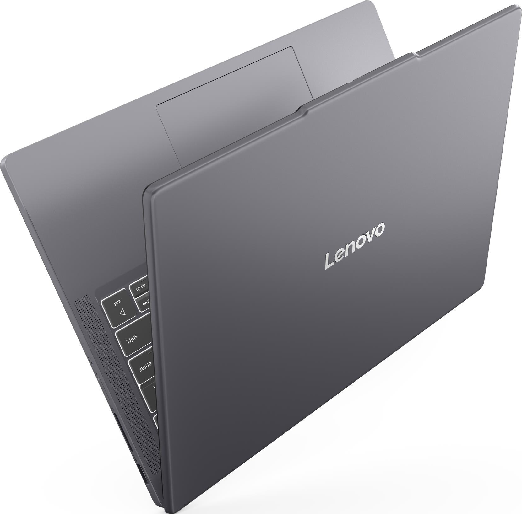 Laptop grigio Lenovo con tastiera e trackpad, visto dall'alto.