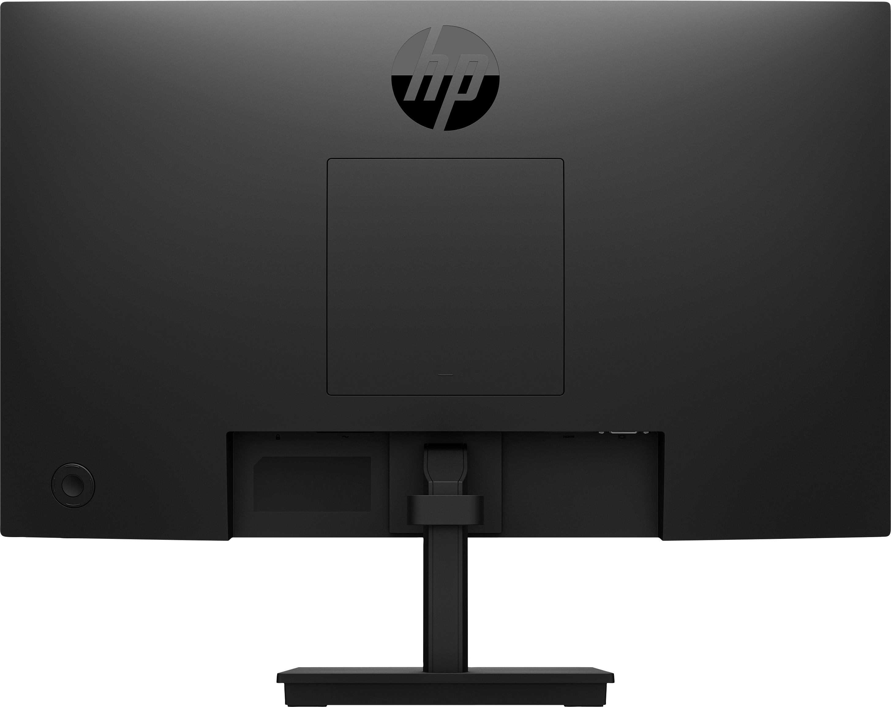 Rückseite eines schwarzen Monitors mit HP-Logo und Anschlüssen.