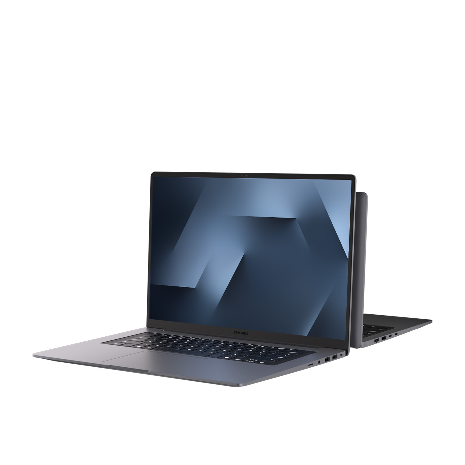 Un portátil Samsung gris oscuro con la pantalla abierta, mostrando un diseño abstracto azul.