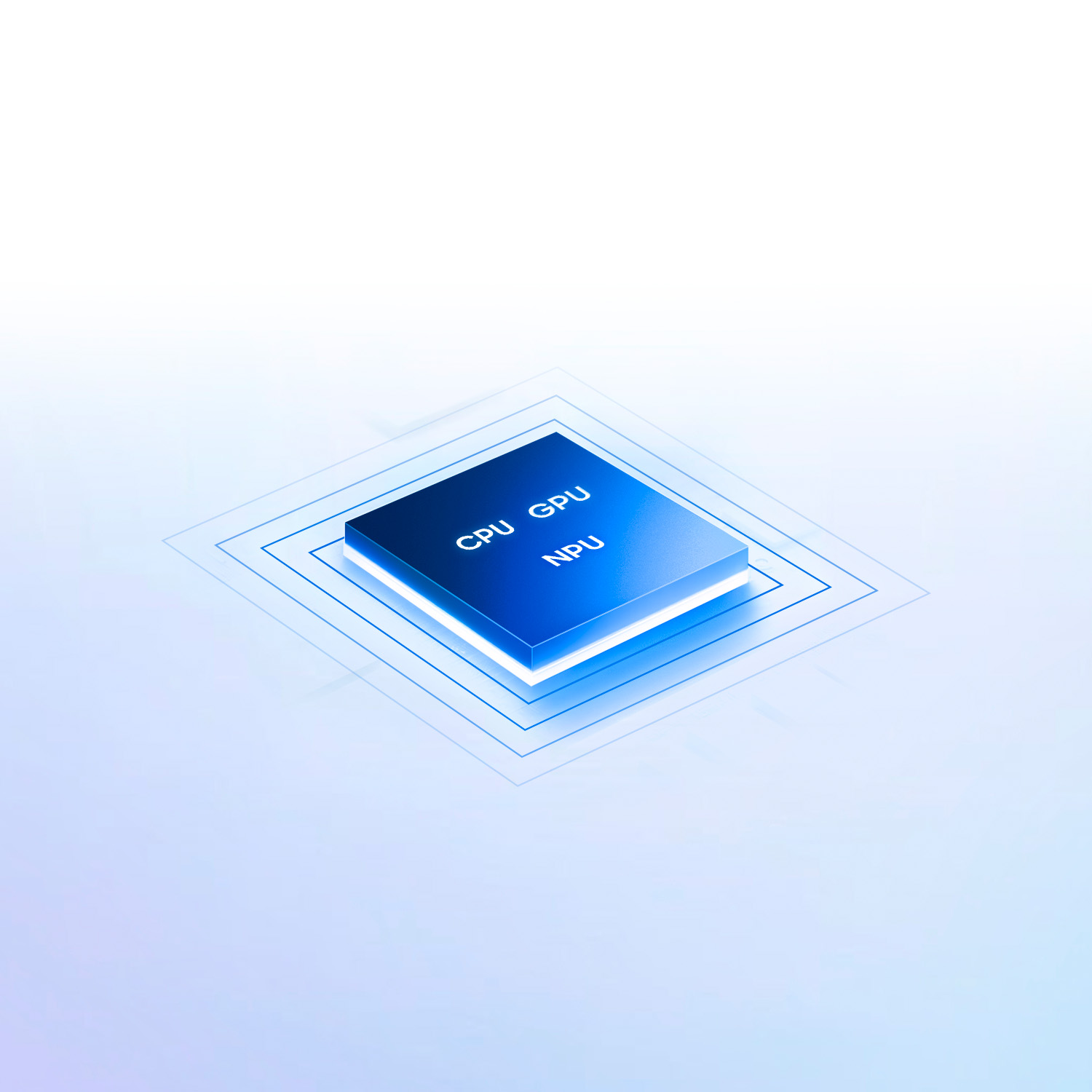 Un chip azul con CPU, GPU, NPU en un pedestal de luz.