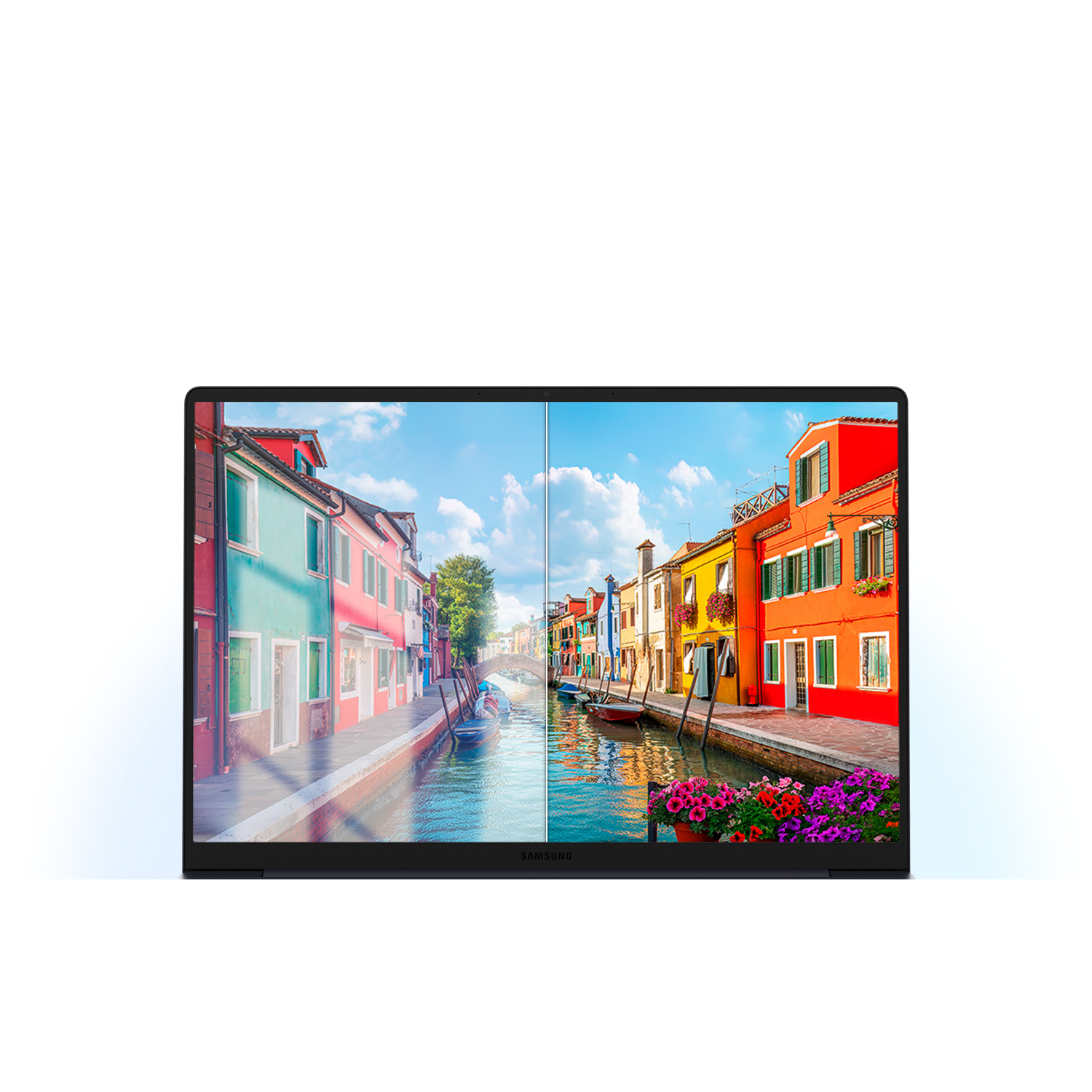 Un portátil muestra una vista de Venecia con casas coloridas y canales.