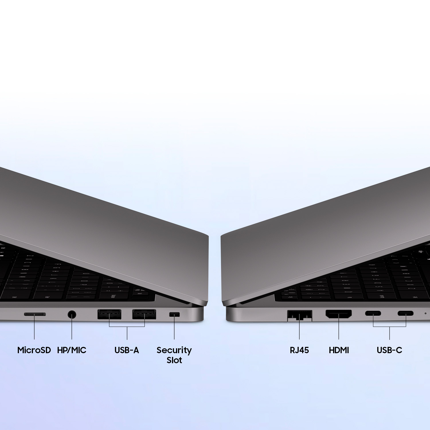 Dos portátiles grises uno al lado del otro, mostrando puertos como MicroSD, USB-A, RJ45, HDMI y USB-C.