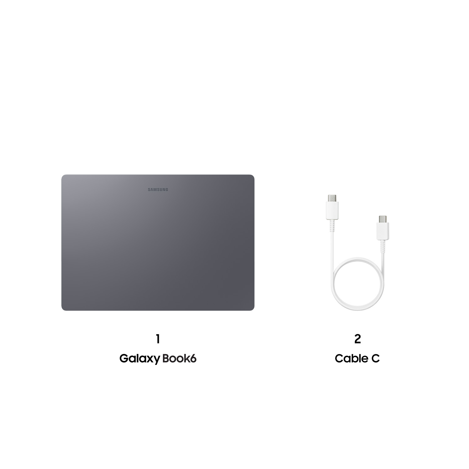 Un Samsung Galaxy Book 6 gris y un cable USB-C blanco.