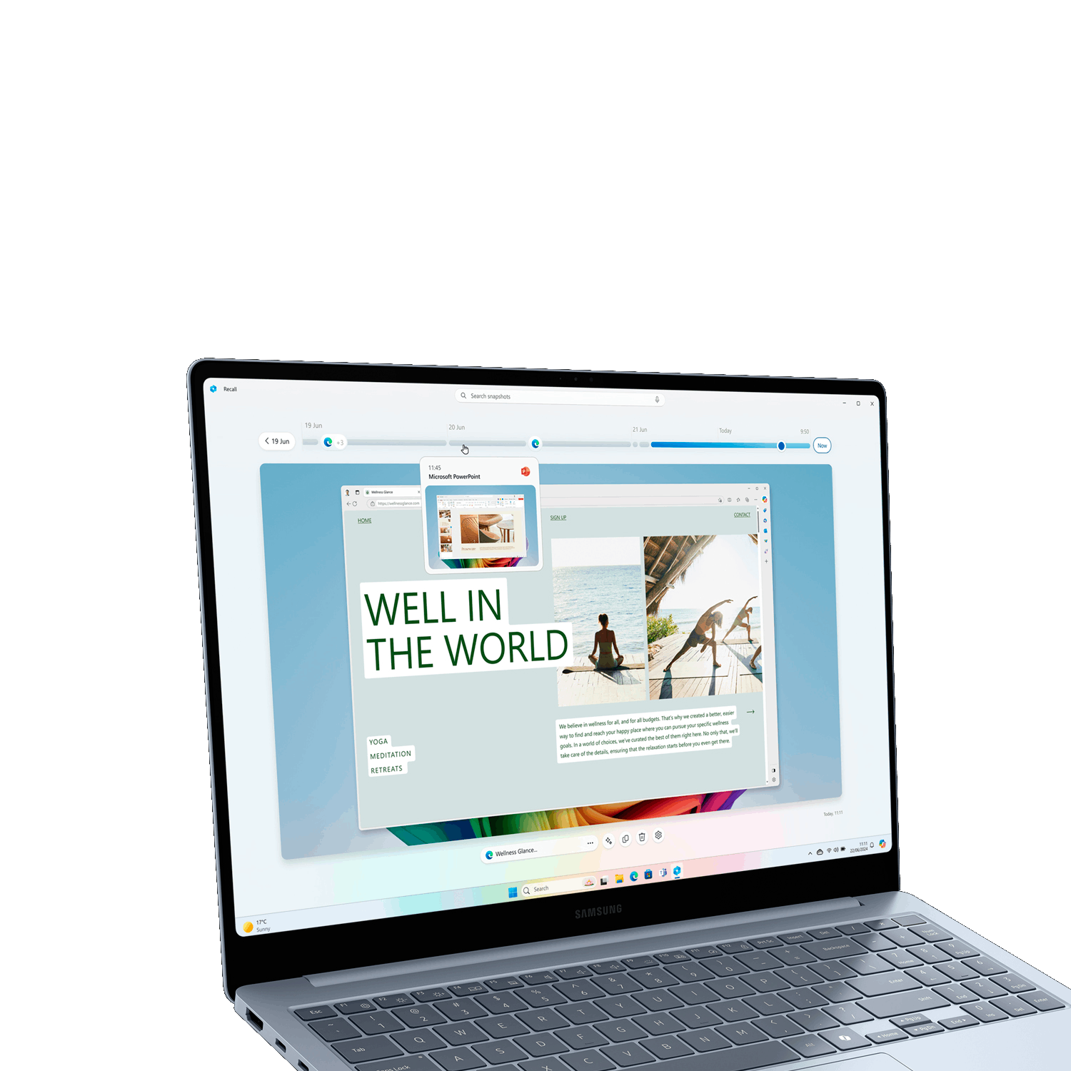 Un portátil muestra un feed de Recall con una diapositiva de PowerPoint titulada "WELL IN THE WORLD".