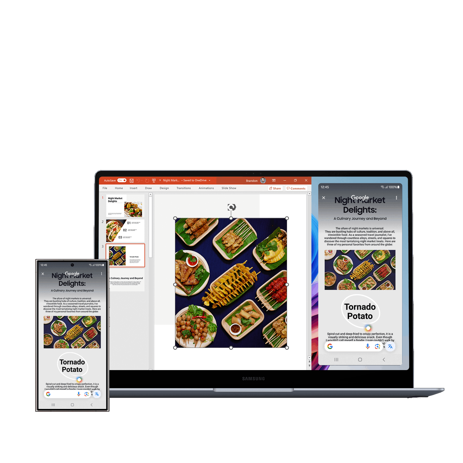 Un portátil muestra una presentación sobre mercados nocturnos con comida, junto a un smartphone.