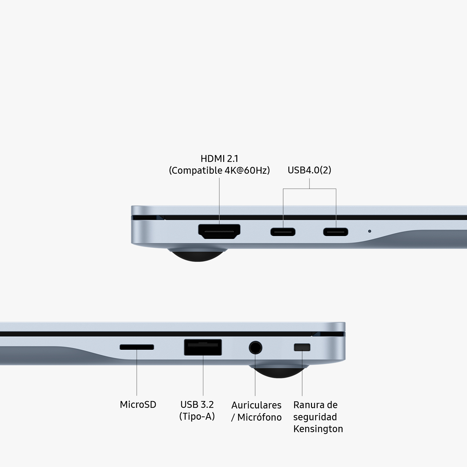 Puertos de portátil: HDMI, USB4, MicroSD, USB 3.2, toma de audio, ranura Kensington.