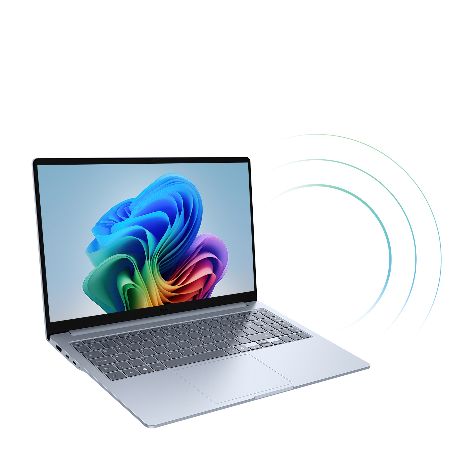 Un portátil plateado con un fondo de pantalla colorido y ondas inalámbricas.