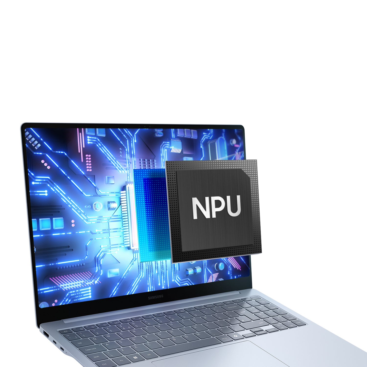 Un portátil con una unidad NPU flotando sobre la pantalla. Se ven circuitos azules en la pantalla.