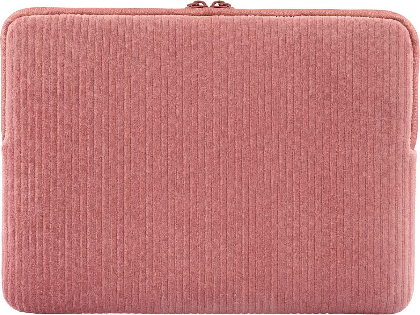 Una custodia per laptop in velluto a coste rosa con cerniera in alto.