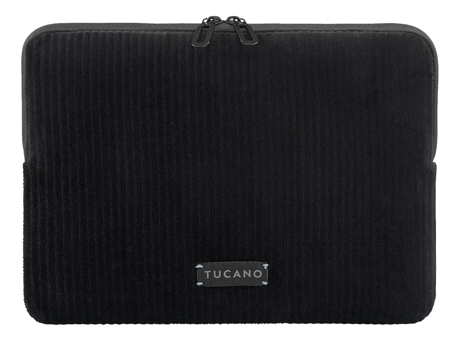Schwarze Kord-Tasche mit Reißverschluss und Tucano-Logo.