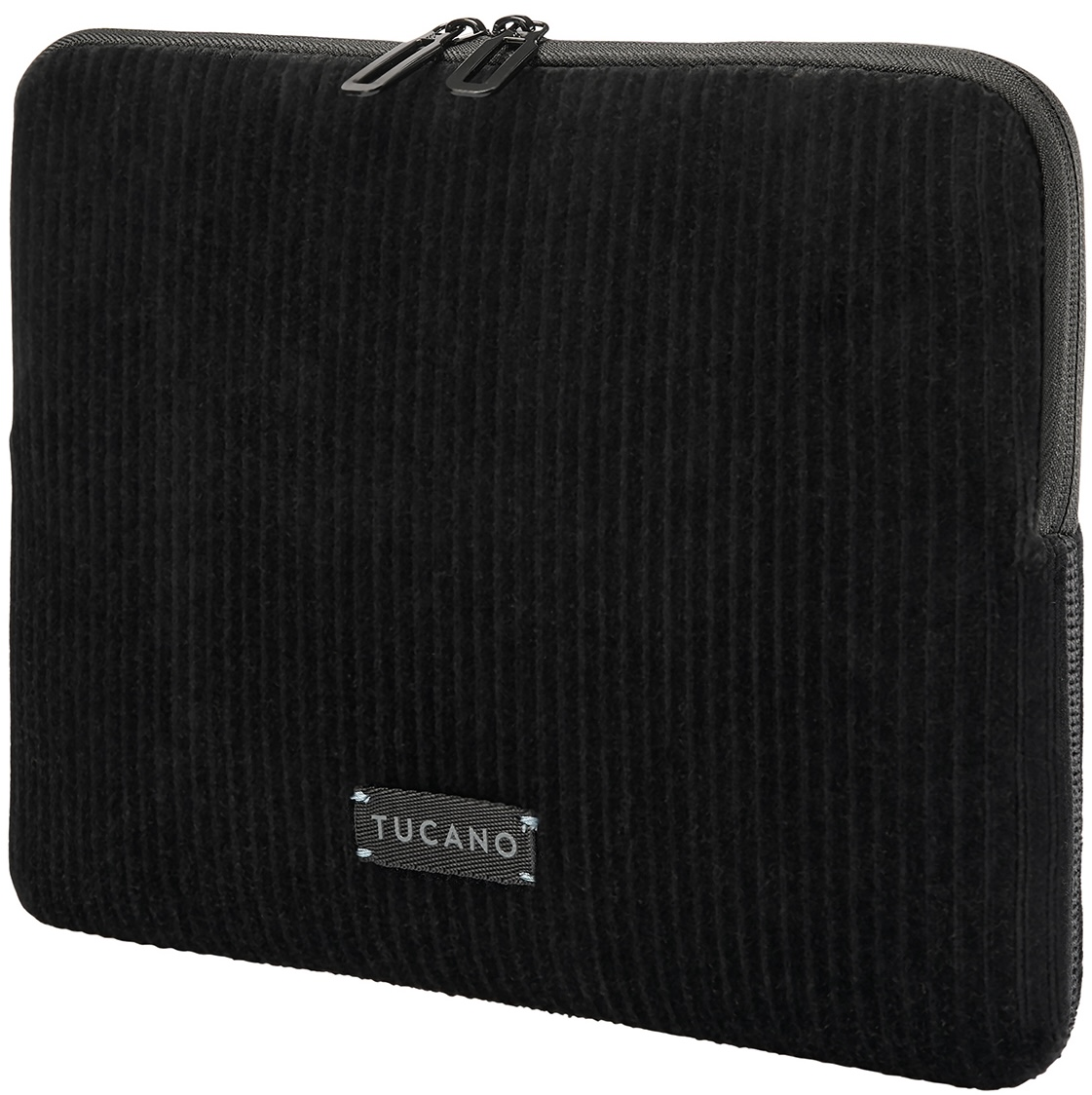 Schwarze Cord-Laptoptasche mit Reißverschluss und Tucano-Logo.