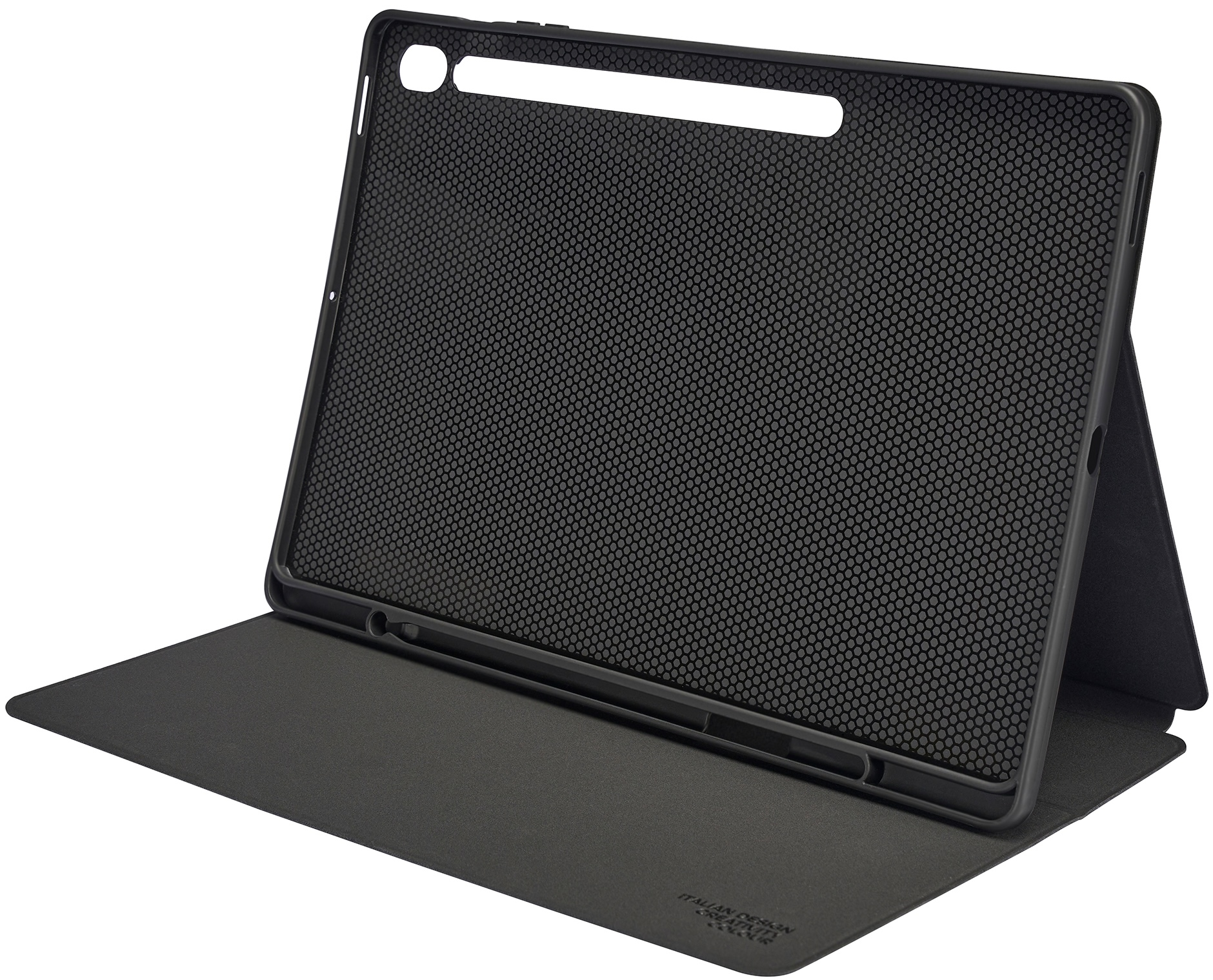 Custodia nera per tablet con interno a motivo esagonale, aperta e appoggiata.