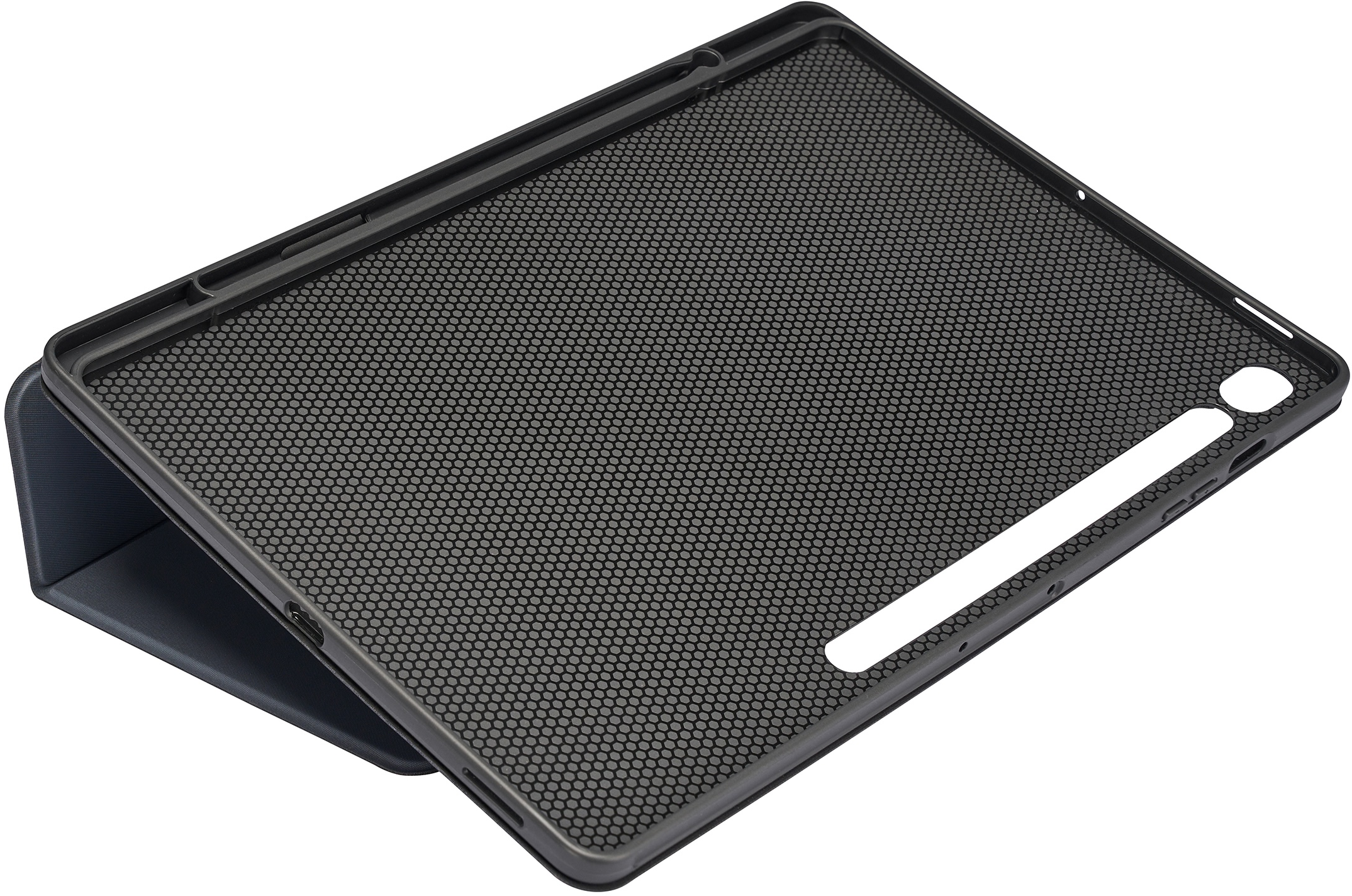 Custodia nera per tablet con retro a nido d'ape e cavalletto pieghevole.
