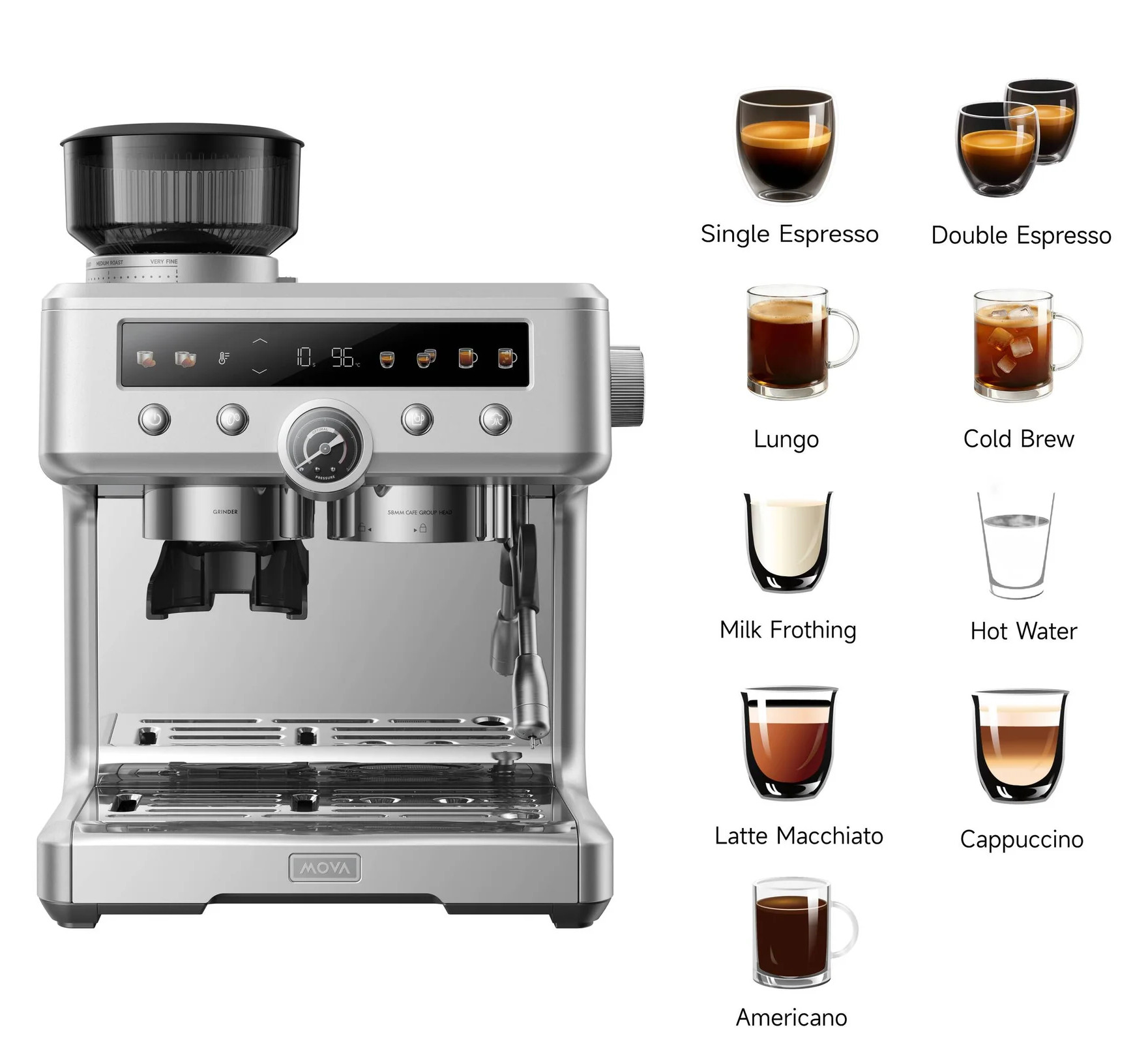 Srebrna maszyna do espresso z szklankami i filiżankami kawy obok.