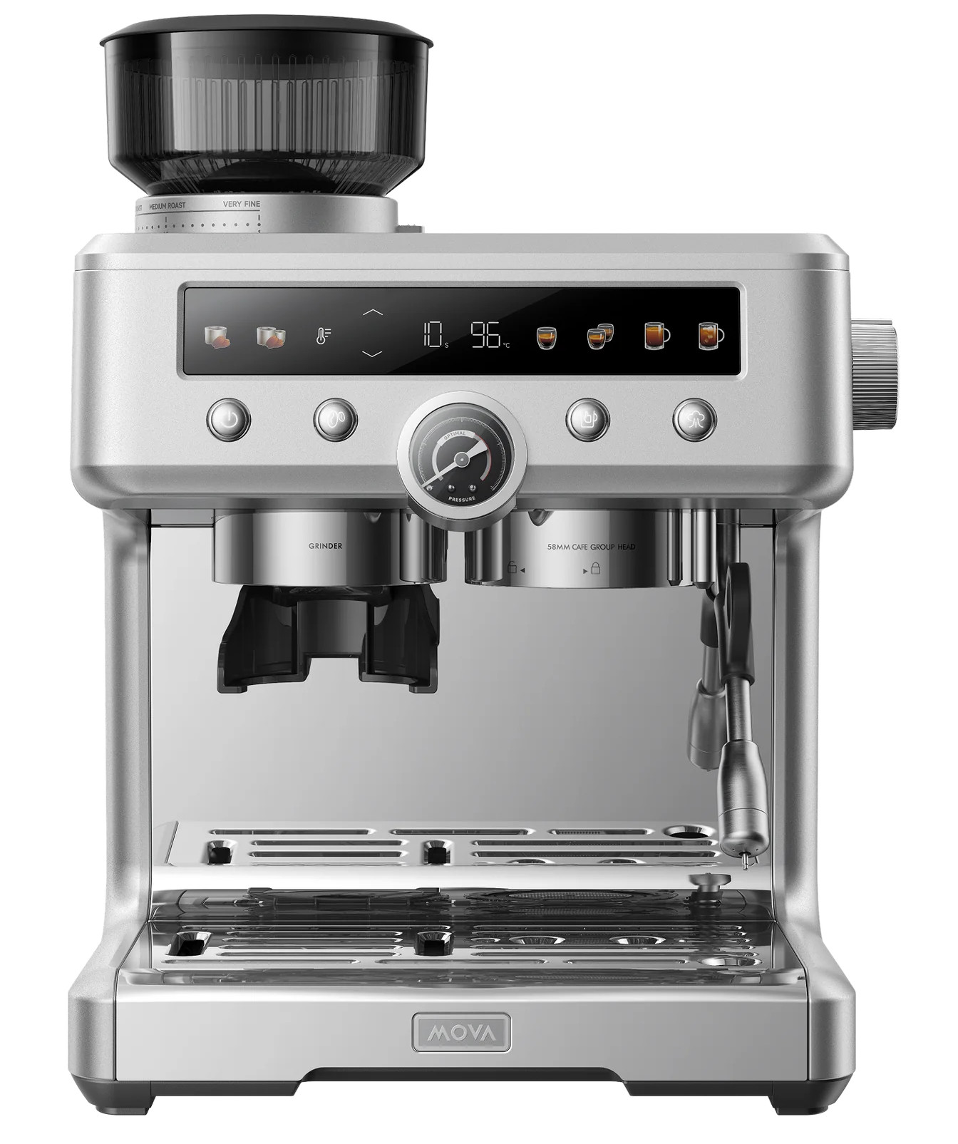 Srebrna ekspres do kawy z młynkiem, cyfrowym wyświetlaczem, manometrem i dyszą parową.