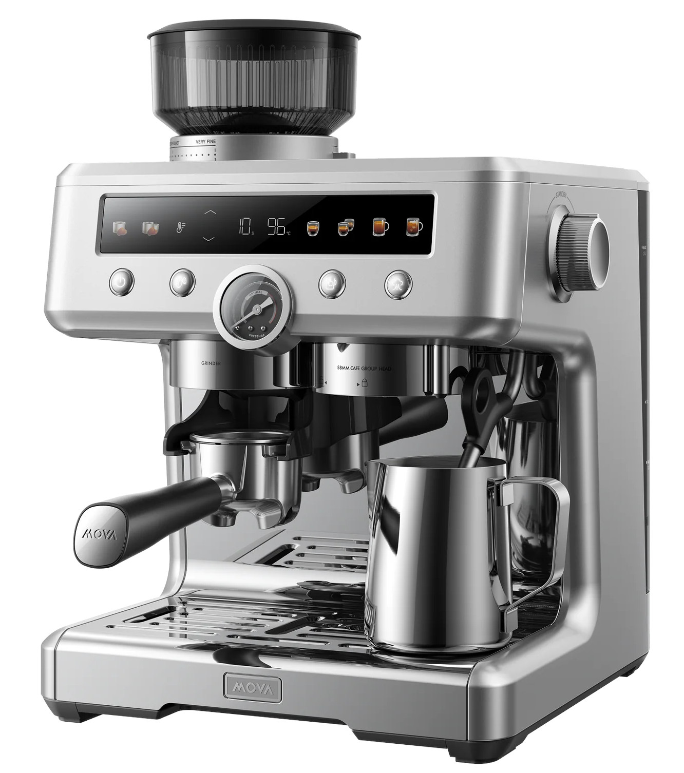 Srebrna maszyna do espresso z młynkiem, portafiltrem i dzbankiem na mleko.