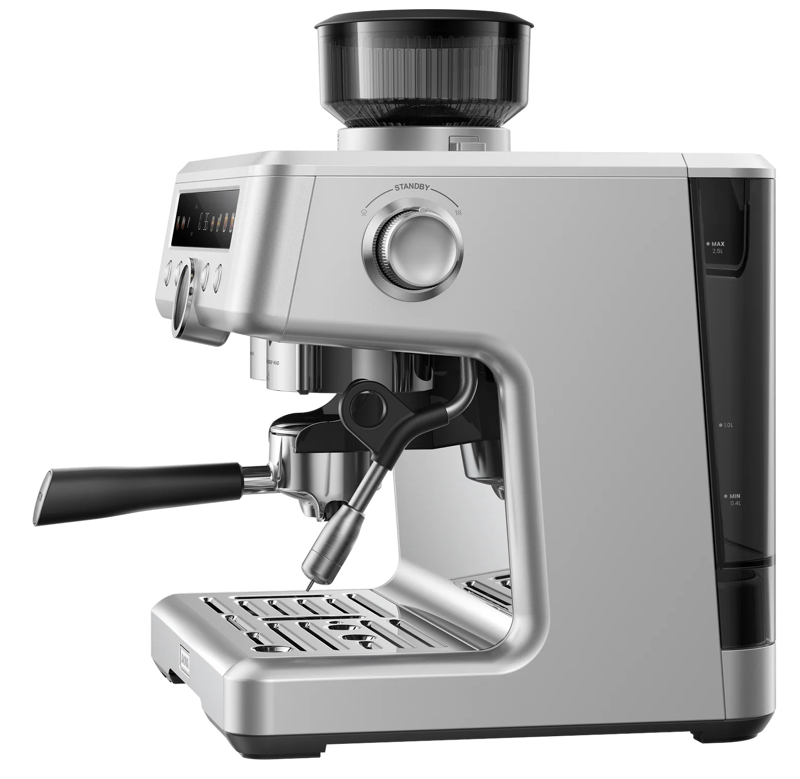 Srebrna maszyna do espresso z czarnym zasobnikiem na ziarna i portafiltrem.