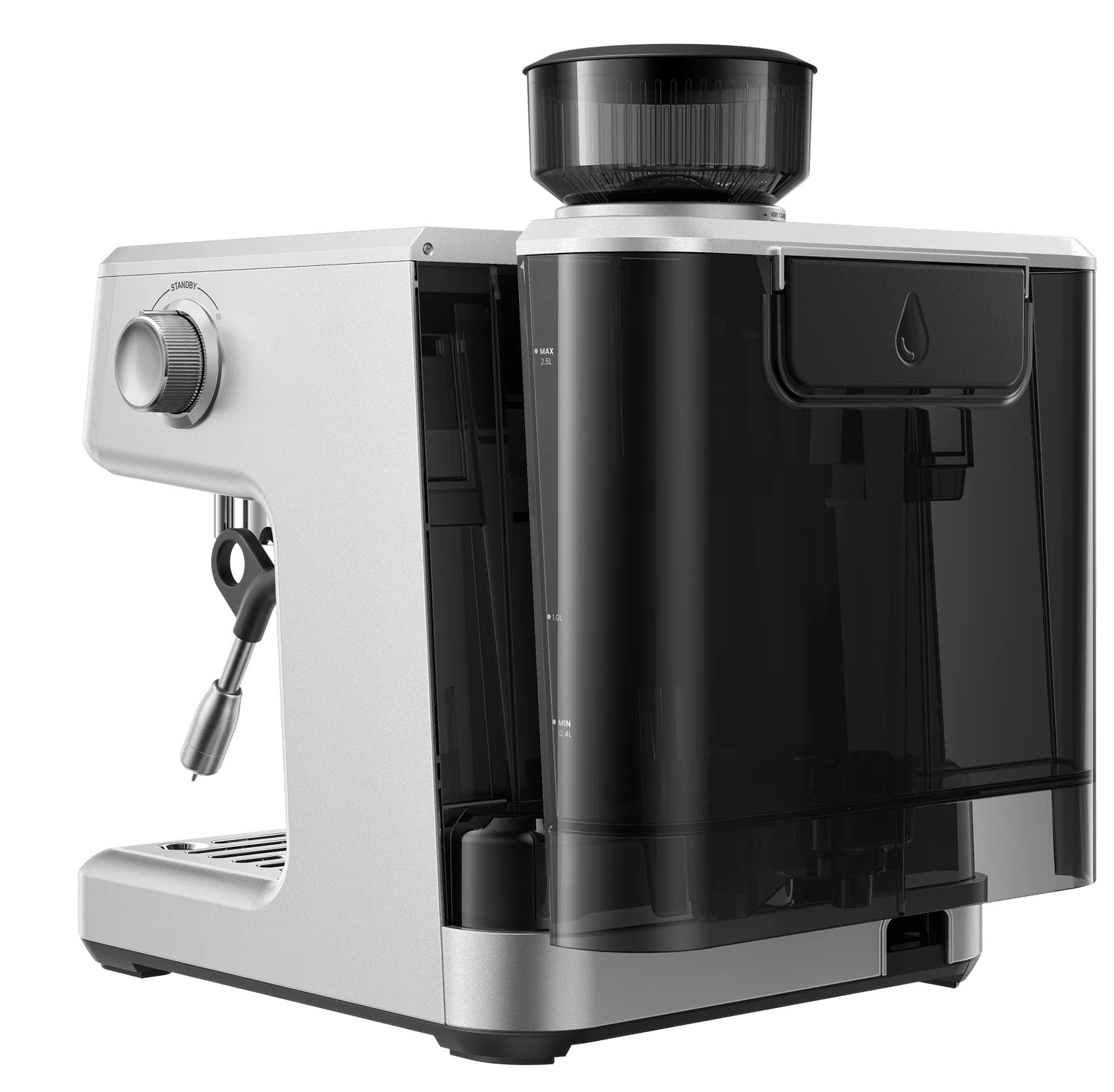 Srebrna maszyna do espresso z czarnym zbiornikiem na wodę i zasobnikiem na ziarna.