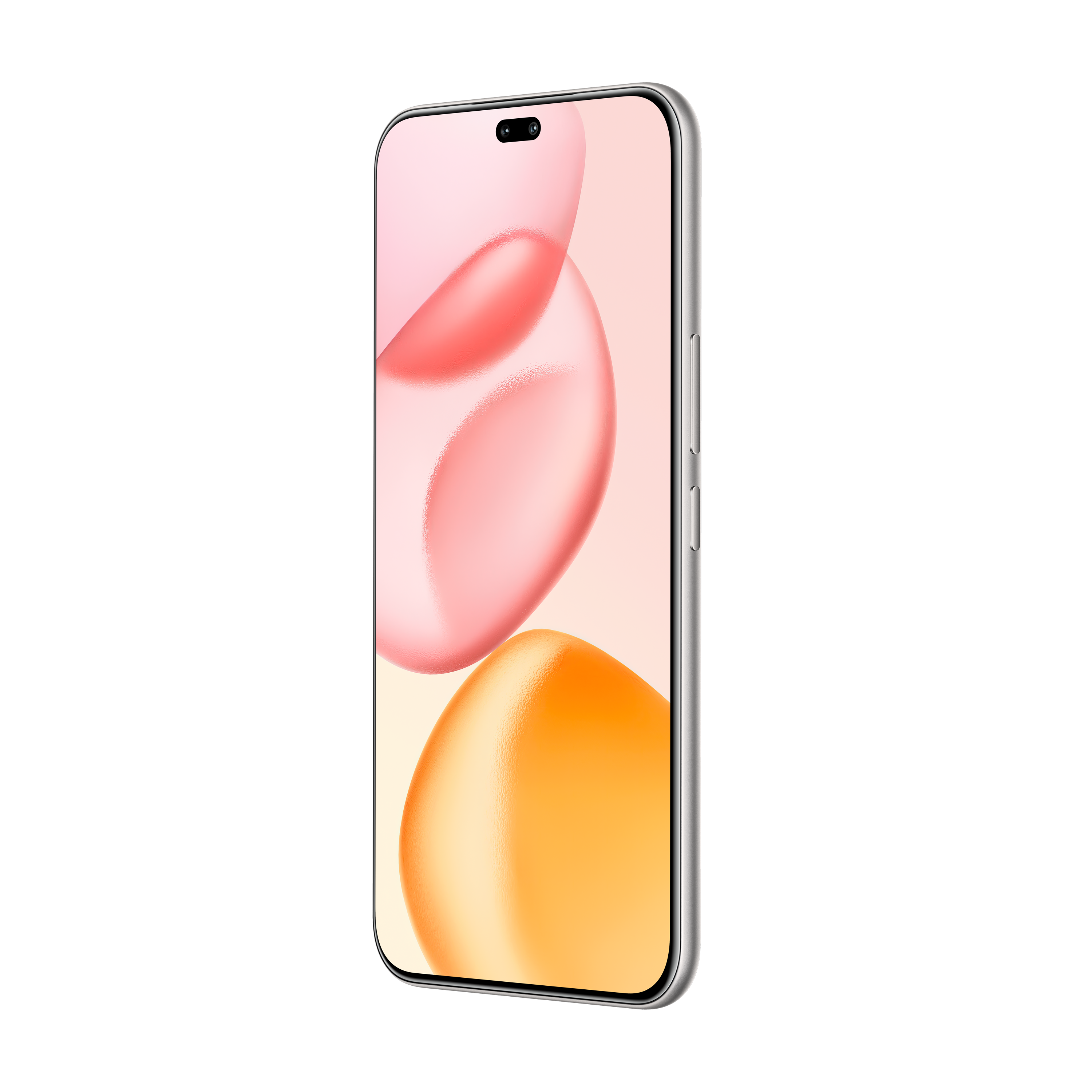 Gümüş çerçeveli şık bir akıllı telefon, pembe ve turuncu soyut baloncuk grafikleri gösteriyor.