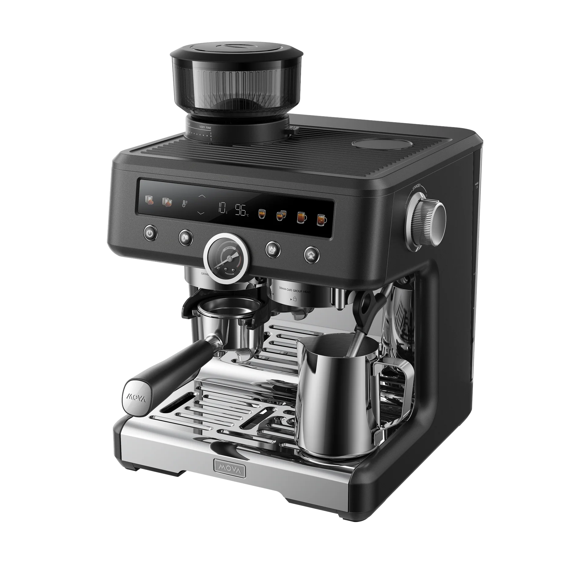 Czarny ekspres do kawy z wbudowanym młynkiem i metalowym dzbankiem na mleko.