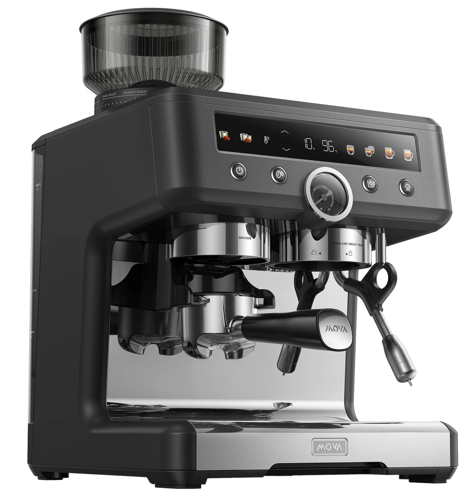 Czarno-srebrna maszyna do espresso z młynkiem i cyfrowym wyświetlaczem.