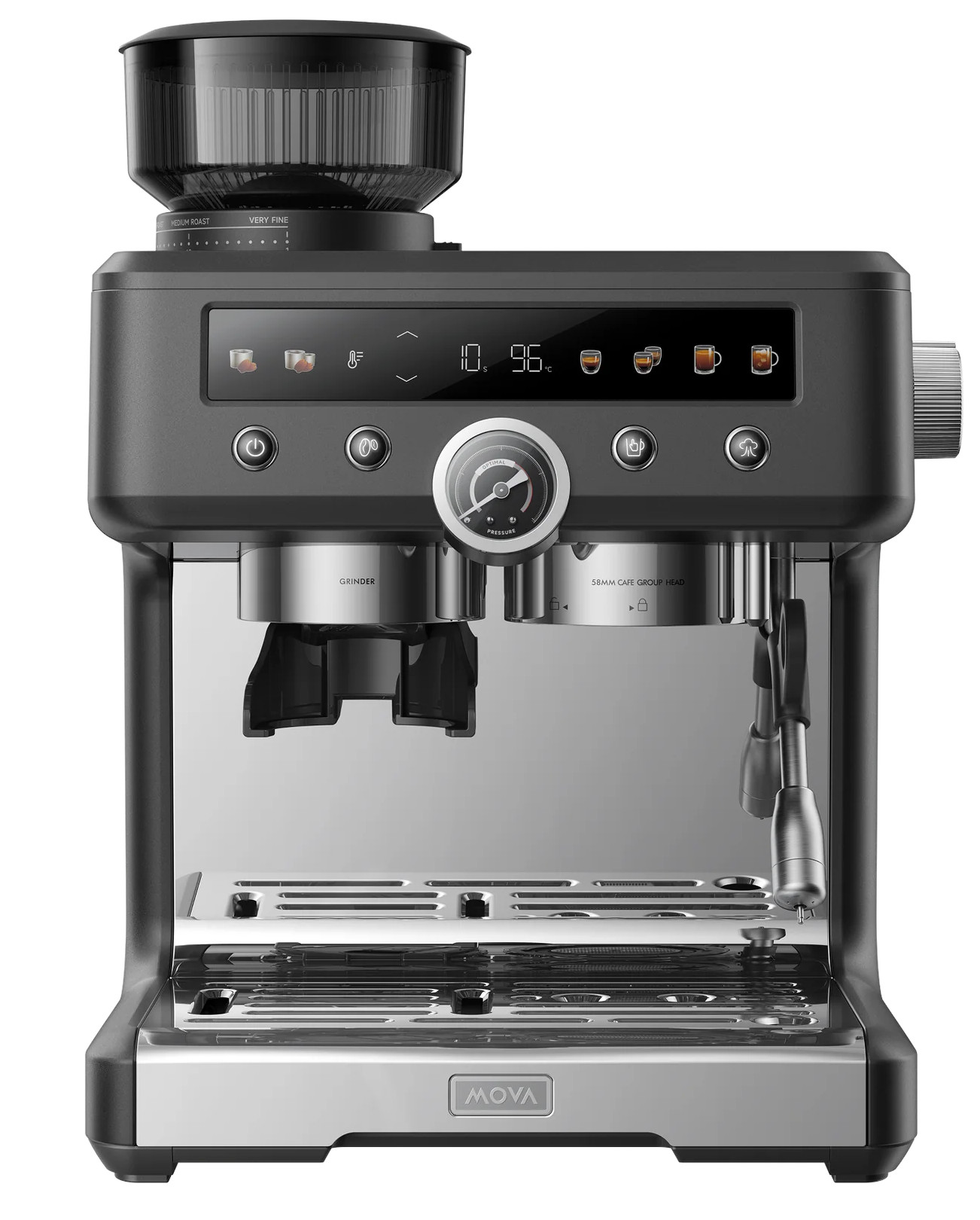 Ciemny ekspres do kawy ze zintegrowanym młynkiem i cyfrowym wyświetlaczem.
