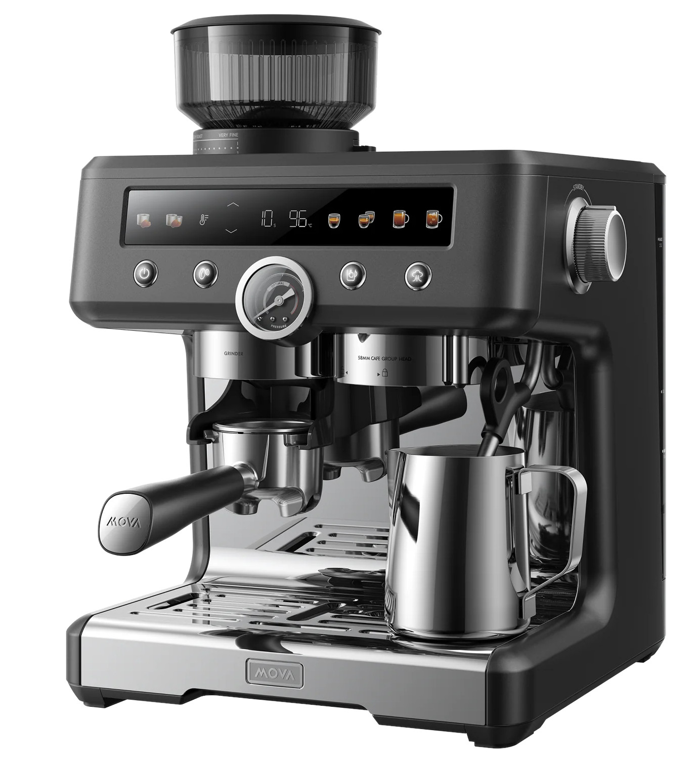 Czarna ekspres do kawy z wbudowanym młynkiem, manometrem i dzbankiem na mleko.