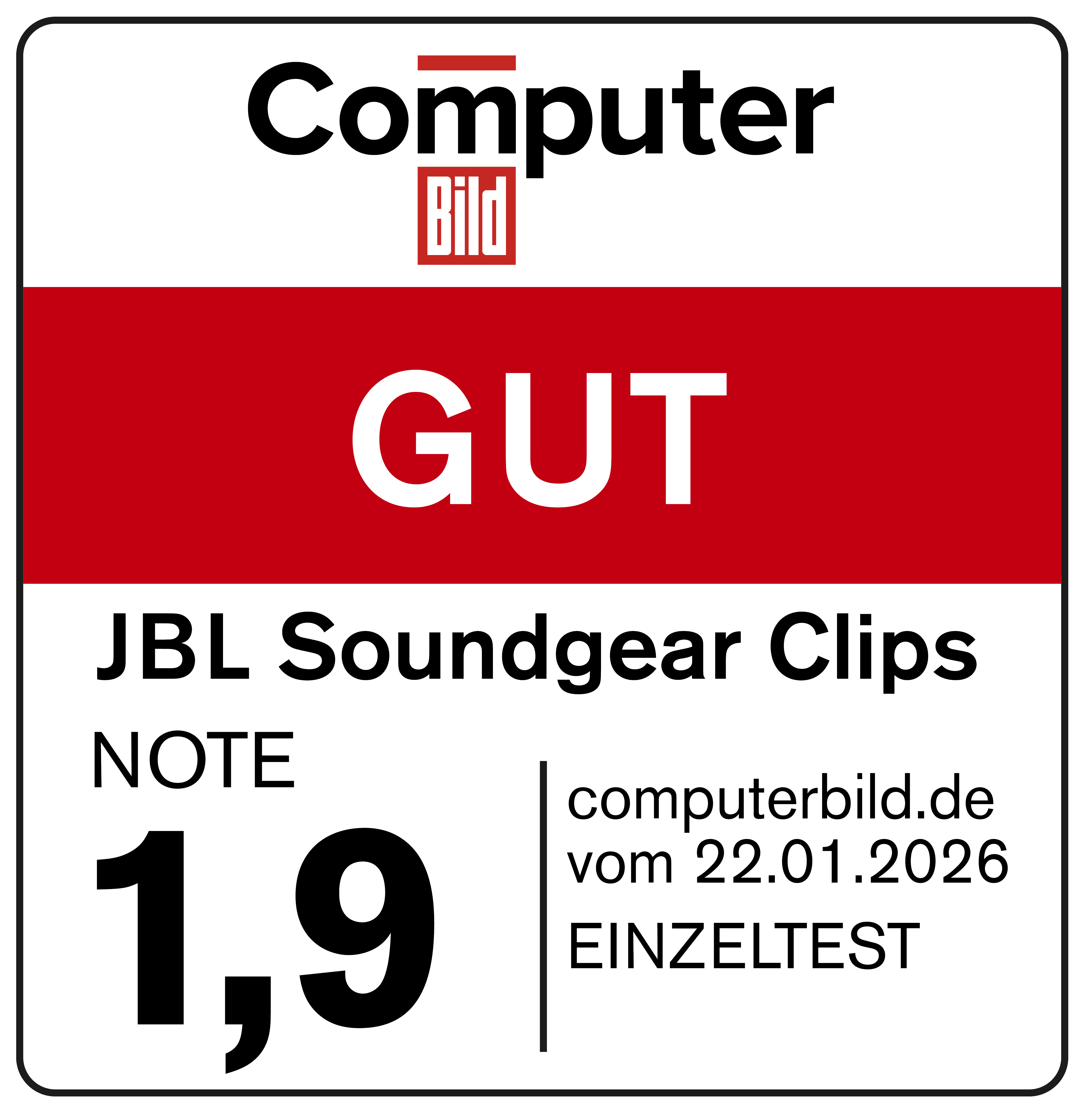 Logo Computer Bild con valutazione BUONO per JBL Soundgear Clips, Voto 1,9