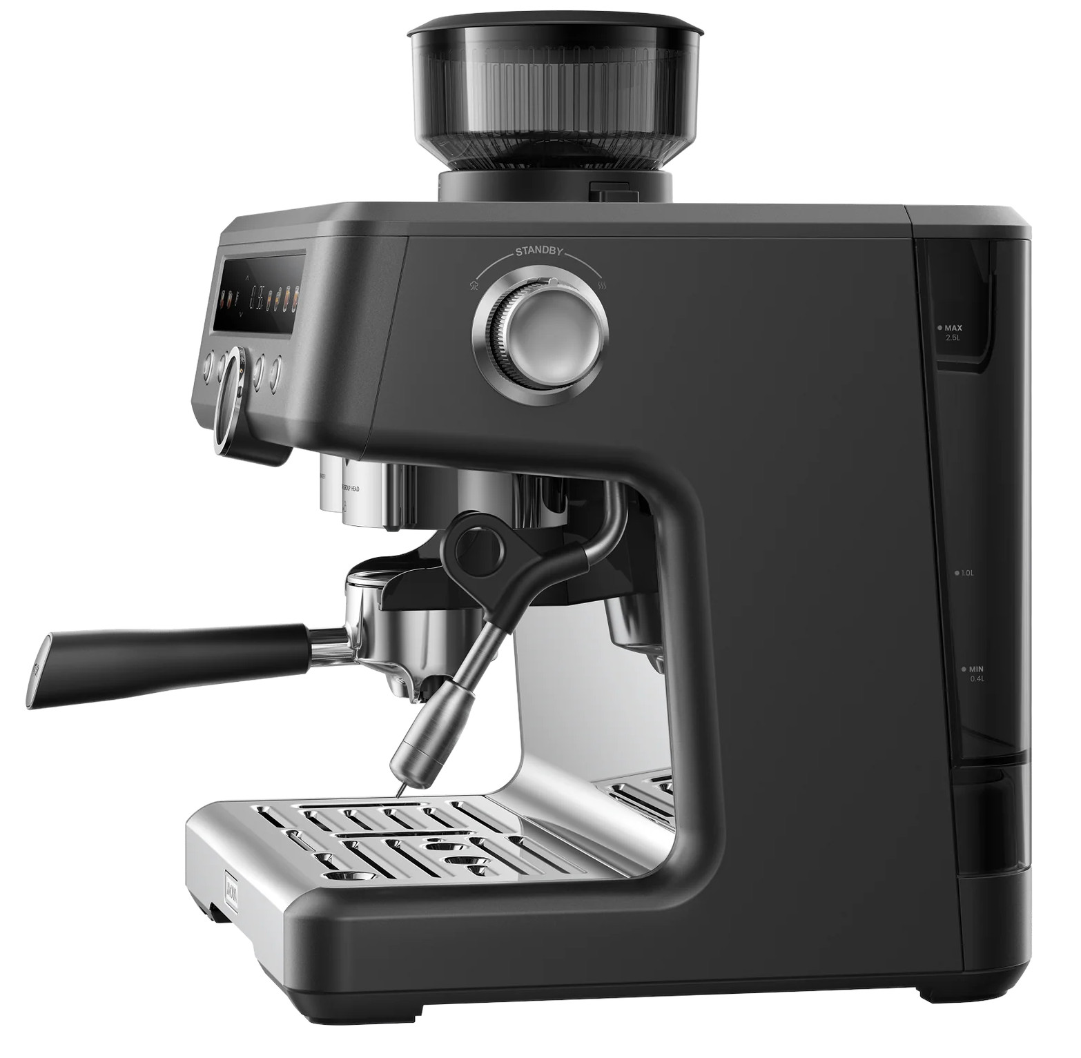 Ciemny ekspres do kawy z srebrnymi akcentami i pojemnikiem na ziarna na górze.