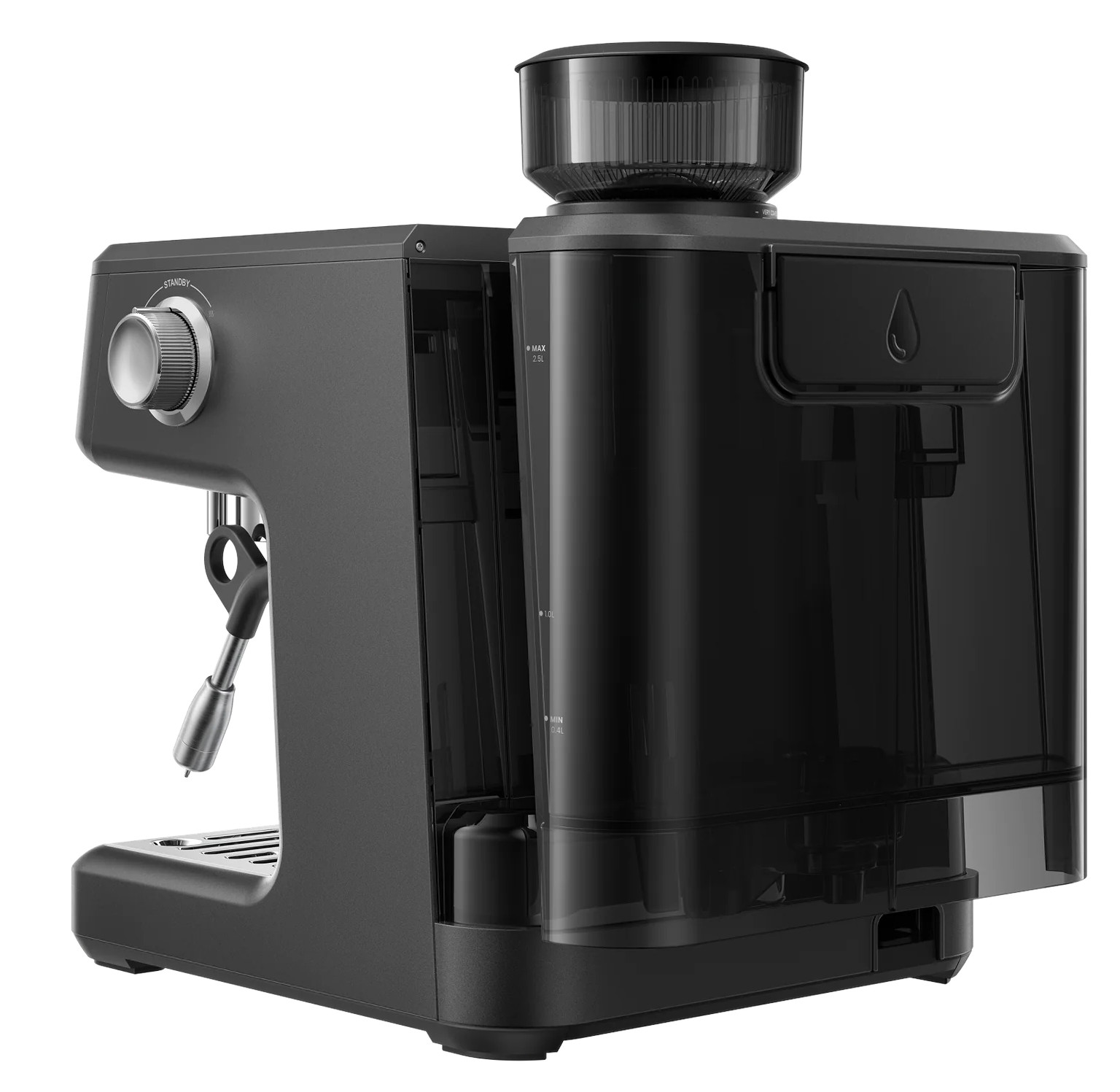 Czarna ekspres do kawy z młynkiem, zbiornikiem na wodę i dyszą pary.