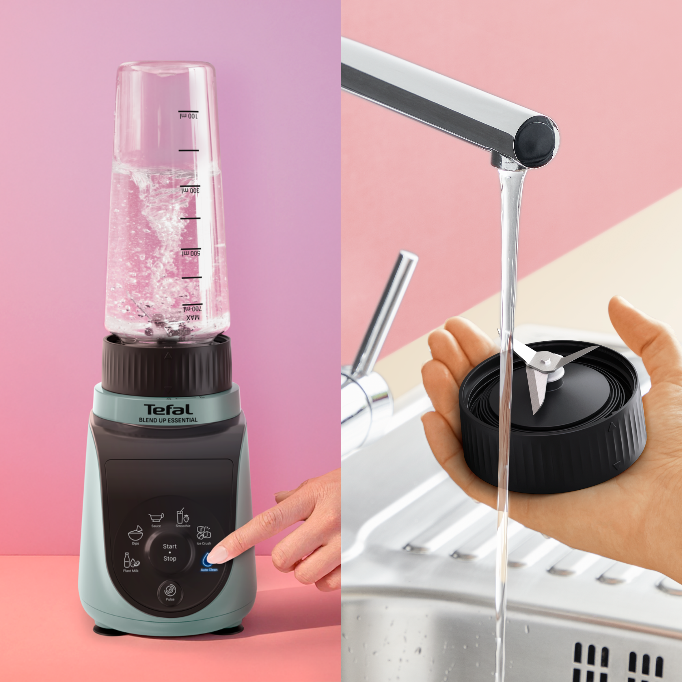 Ein Mixer-Becher mit Wasser und ein Klingenaufsatz unter fließendem Wasser.