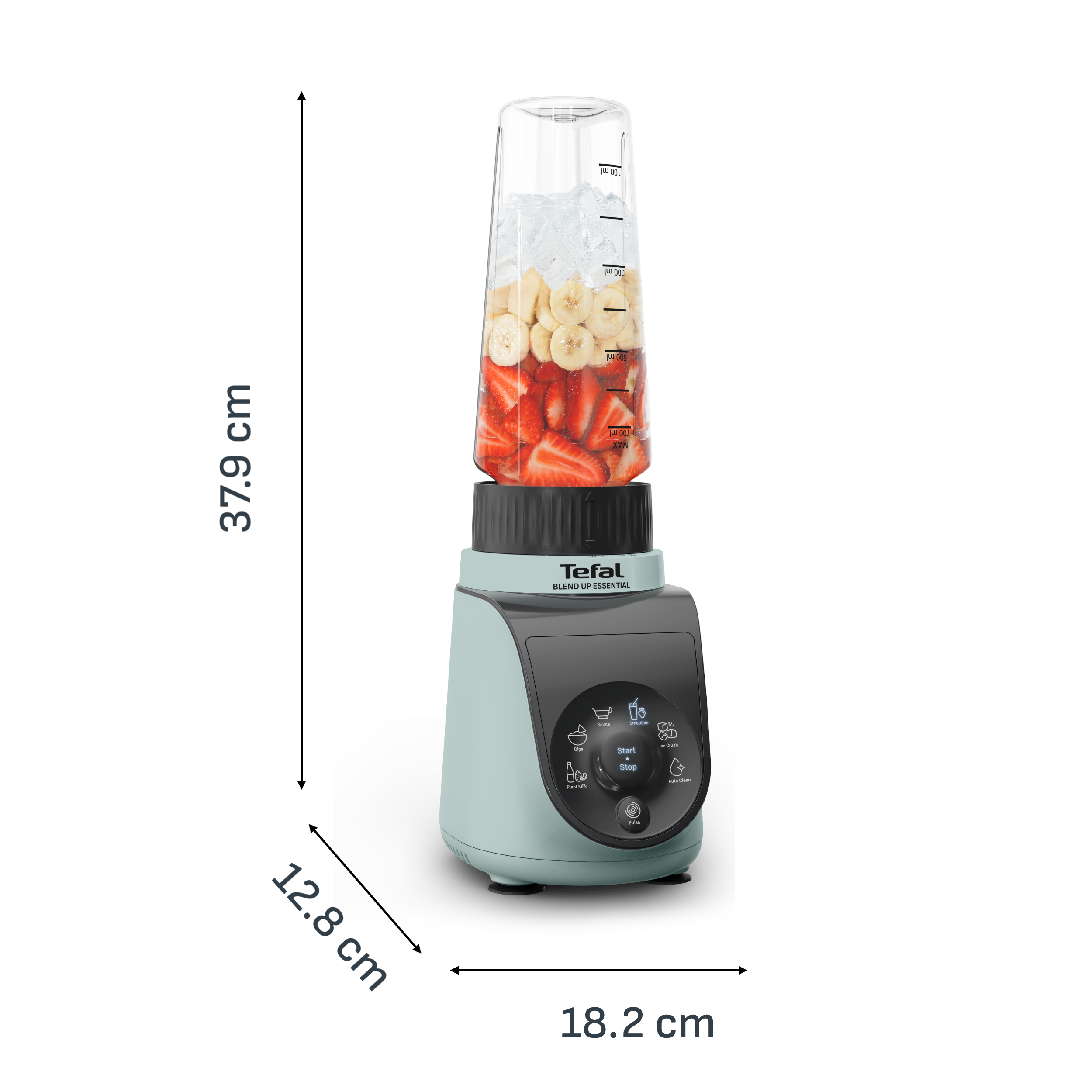 Ein hellgrüner Mixer mit Eis, Erdbeeren und Bananen im Behälter.