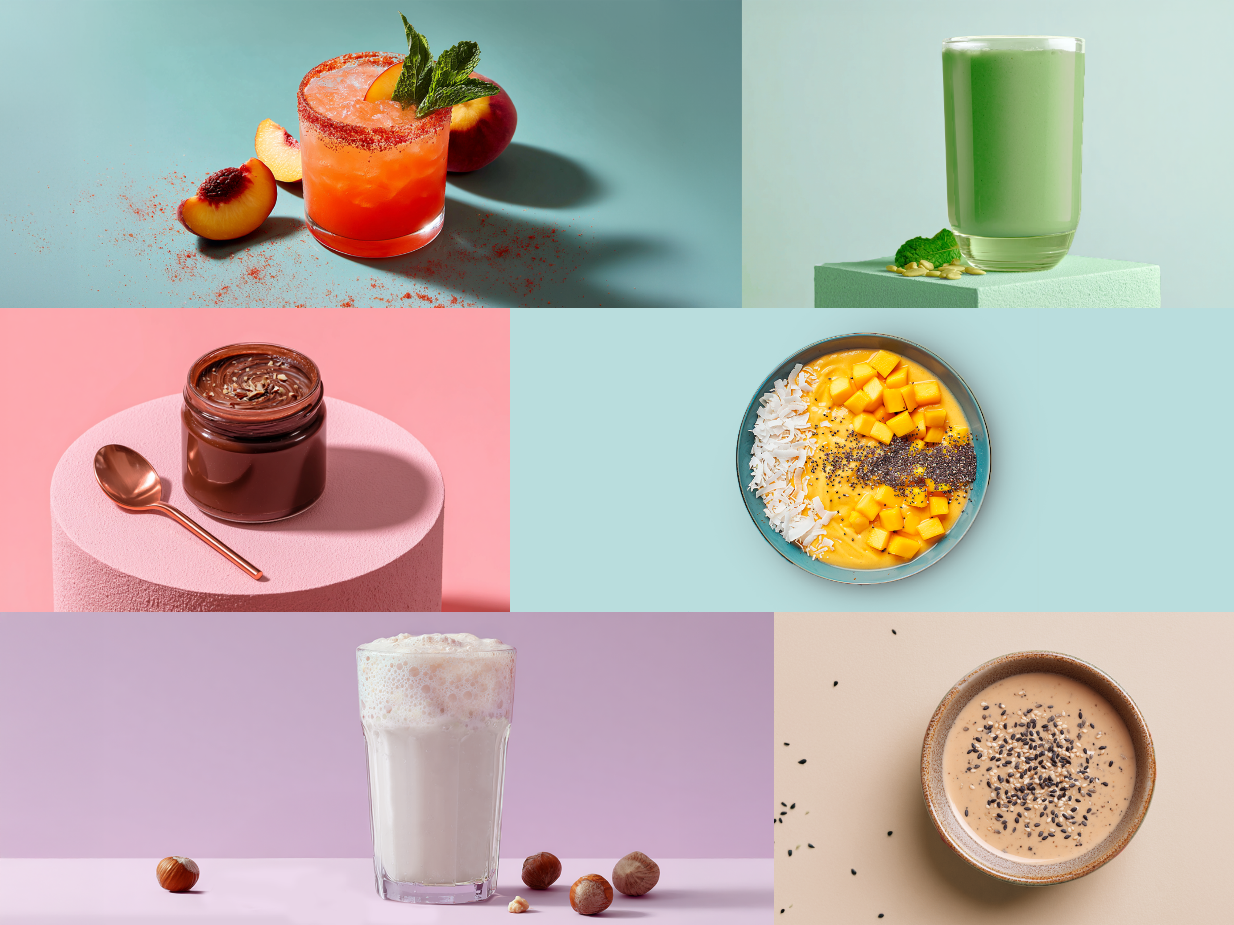 Ein Pfirsichcocktail mit Salzrand, ein grüner Smoothie, Schokoladencreme, Mango-Smoothie-Bowl und Nussmilch.