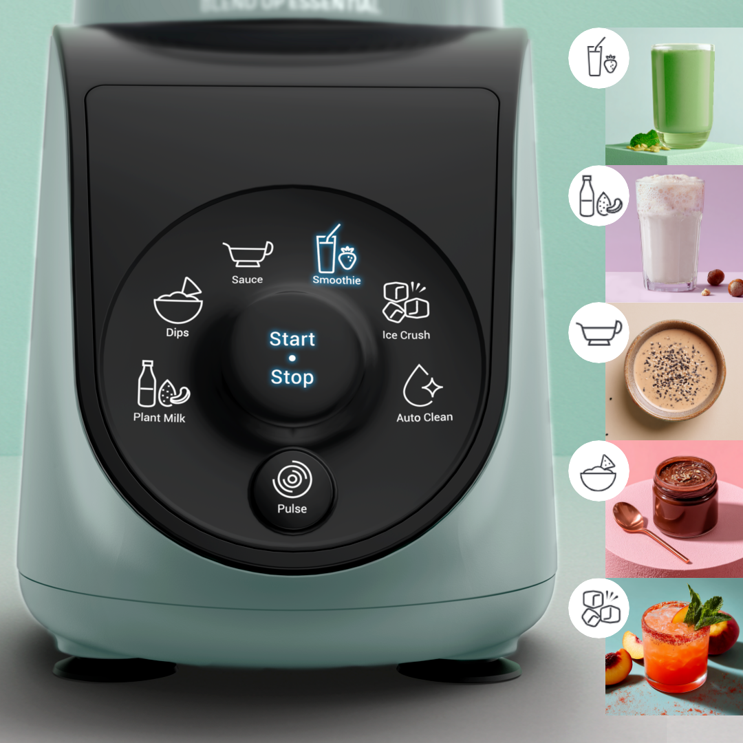 Ein blauer Mixer mit Touchscreen-Bedienfeld und verschiedenen Symbolen für Smoothie, Eis, Soße, Dips, Pflanzendrink und Selbstreinigung.