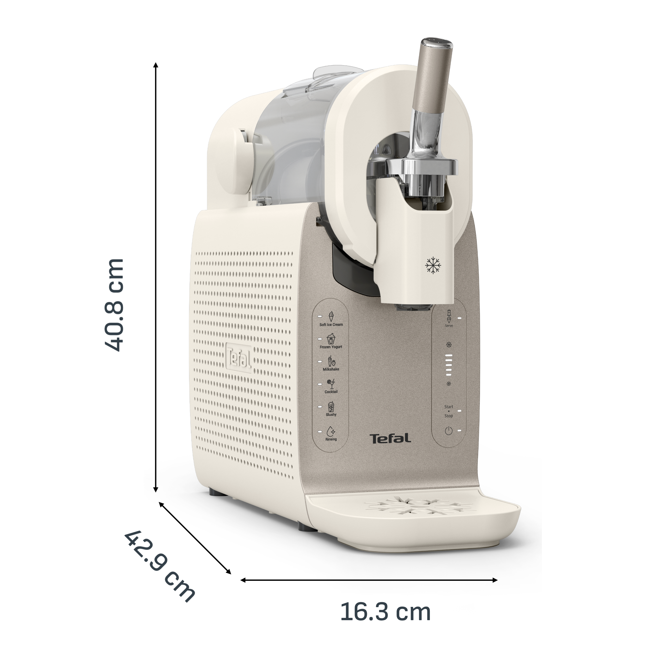 Ein cremefarbener Tefal-Eisbereiter mit digitalen Bedienelementen und Maßen.
