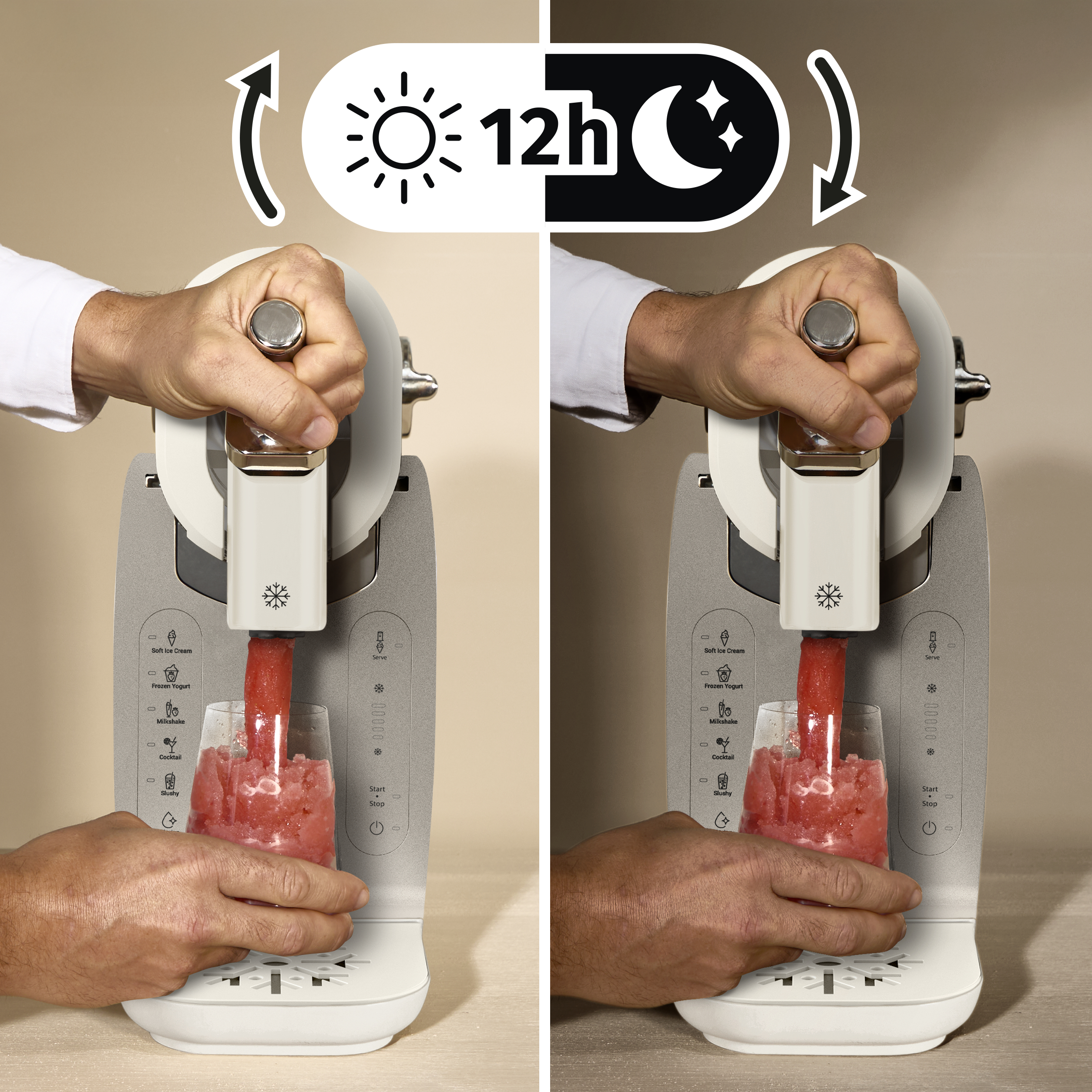 Maschine macht Slushy, mit Sonne/Mond-Symbolen für 12h Zyklus.