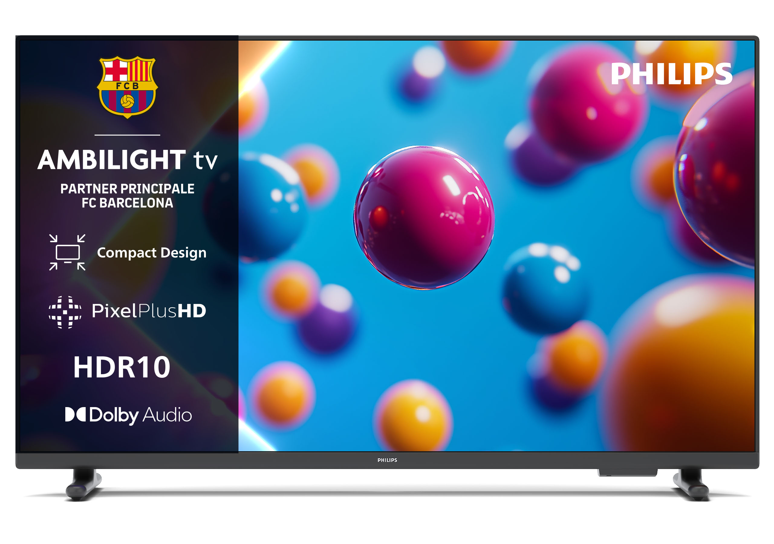 Telewizor Philips z logo FC Barcelona i kolorowymi kulami na ekranie.