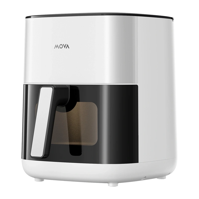 Biała frytkownica MOVA z czarnym okienkiem i uchwytem.